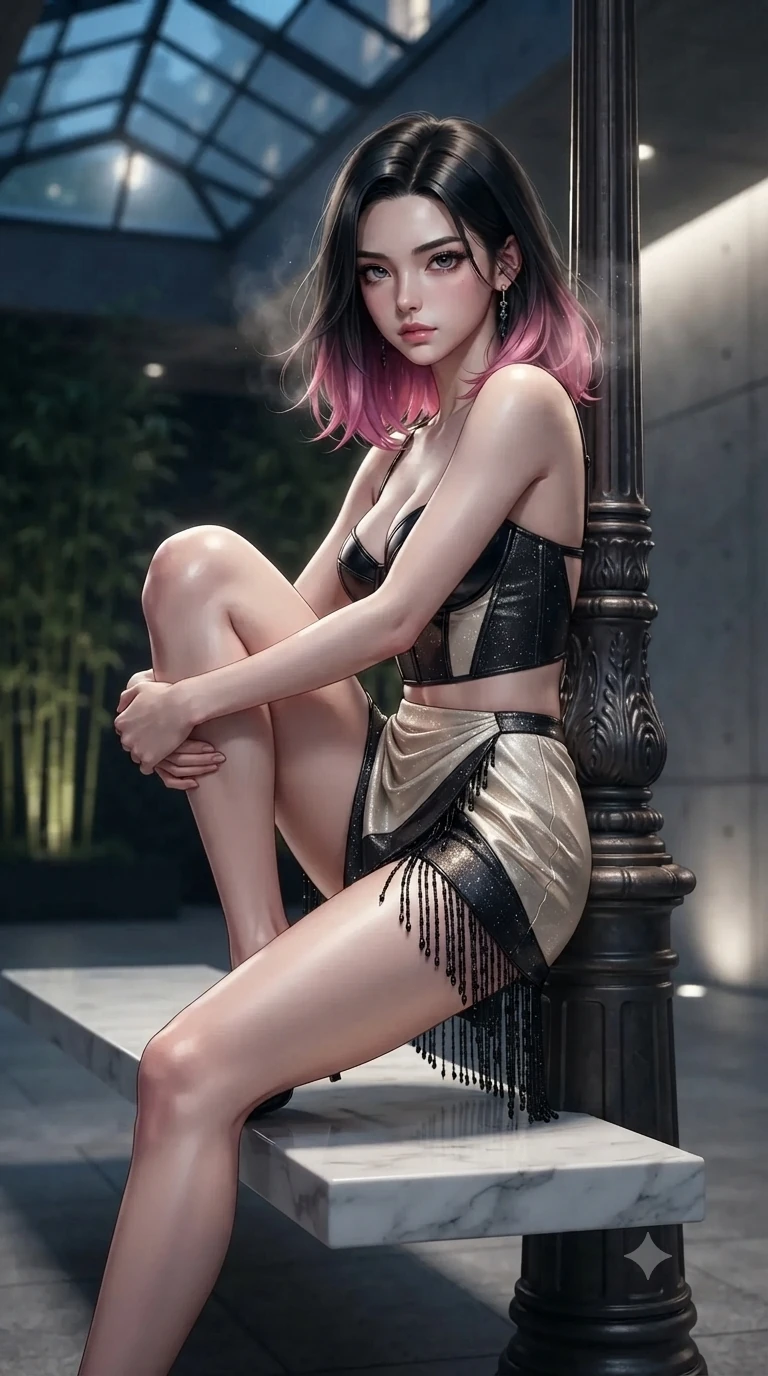 score_9, masterpiece, best quality, ultra-detailed, high-budget anime keyframe, editorial fashion photography, tasteful artistic composition, Korean woman. close-up cowboy shot from the waist and thighs up, the character dominates the composition, filling the frame with her large presence. leaning against a historic cast-iron lamppost with one knee bent, night mist drifting through her hair as her dark outfit traces her feminine curves while perched sideways on the floating marble bench, one knee drawn up to showcase her slender leg line while her arched back accentuates her curves. The background shows a soft-focus soaring geometric glass skylights, vertical bamboo rain gardens, and minimalist architectural concrete walls blurred into slate, jade, and charcoal bokeh. She has an exceptionally elegant, slender, and willowy female figure with an ultra-slim waist, flat toned midriff, narrow ribcage, and sculpted feminine hips creating an alluring, slim hourglass silhouette without bulk. sharp v-shaped jawline, high-bridge nose, intricate jewel-like dark sparkling eyes with dangerous depth, thick curled eyelashes, glossy parted lips with a rich wine sheen, smoldering seductive half-smile with bedroom-eyes, exuding effortless superiority and intoxicating dark allure, flawlessly proportioned anatomical accuracy, strict slender model proportions, natural body alignment, perfectly sculpted long slender limbs, ultra-slim waistline, clean dynamic posture without body distortion. wearing a structured underwire leather bustier top paired with an ultra-short draped wrap mini skirt in celestial champagne ivory and high-gloss jet black, woven from metallic lurex thread casting subtle starlight glints across the fabric, accented with fine jet-black beaded tassels that sway with each movement, the precision-cut side openings and low-back scoop framing her graceful spine and the sensual sweep of her slim, toned hips. bathed in subtle, high-contrast recessed linear LED lighting and skylight nocturnal glow. ultra-reflective glossy finish, specular highlights, rich textural contrasts, high-contrast stereoscopic depth, volumetric dynamic lighting, 2k, ultra detail, master piece, 9:16 ratio