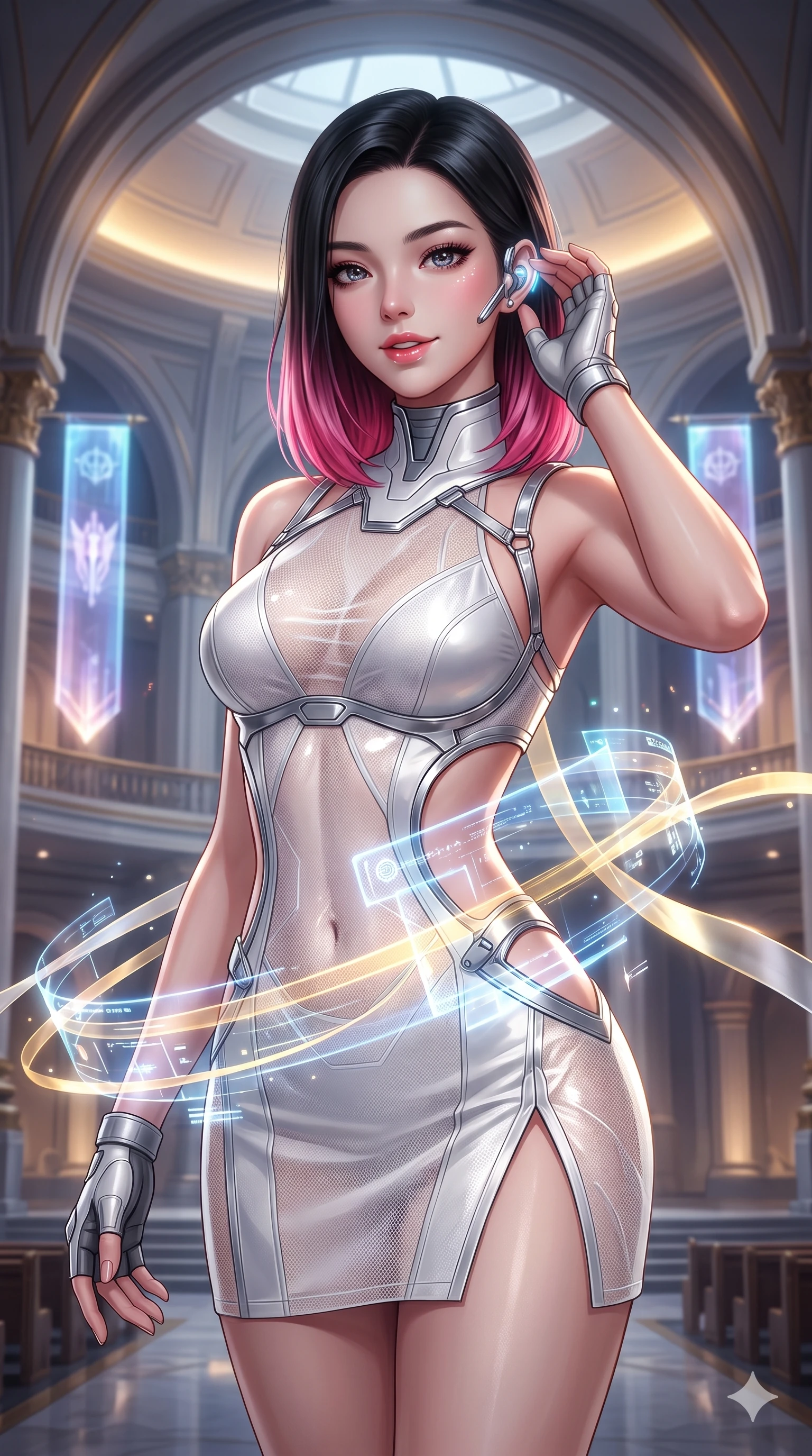 score_9, masterpiece, best quality, ultra-detailed, high-budget anime keyframe, semi-realistic 3D game render, editorial fashion photography, tasteful artistic composition, Korean woman. close-up cowboy shot from the waist and thighs up, the character dominates the composition, filling the frame with her large presence. arching her spine with dancer poise, one hand adjusting her ear comm-link in a flirtatious S-curve with parted glossy lips while twisting her slender torso in an alluring S-curve, crystalline holographic data beams painting sharp gold and platinum light ribbons across her flat midriff and hourglass curves. The surrounding environment is rendered in vivid detail and crisp panoramic clarity: intricate high-collar pilot suit tailoring, structured shoulder lines, and imperial senate architecture in razor-sharp clarity. She has an exceptionally elegant, slender, and willowy female figure with an ultra-slim waist, flat toned midriff, narrow ribcage, and sculpted feminine hips creating an alluring, slim hourglass silhouette without bulk. sharp v-shaped jawline, high-bridge nose, intricate jewel-like sparkling eyes with depth, thick eyelashes, glossy parted lips with a natural sheen, bright confident smile with an enchanting and coquettish sensual glint, exuding both youthful magnetic charm and sovereign high-tech allure, flawlessly proportioned anatomical accuracy, strict slender model proportions, natural body alignment, perfectly sculpted long slender limbs, ultra-slim waistline, clean dynamic posture without body distortion. wearing a provocative open-waist cutout tactical mini dress framed by sculptural chrome hardware and thigh-high slit in pure alabaster white and brushed silver accents, crafted from sheer technical cyber-lace reinforced with ultra-thin Kevlar threads, accented with a chrome-drop body harness subtly framing her dewy collarbones and spine, the glove-like clinging cut tightly following the natural contour of her hips and long slender legs with youthful 8.5-heads elegance. bathed in the prestigious warm 2800K glow of recessed golden cove lighting mixed with crisp cold white crystal data projections. highly saturated vibrant anime colors, detailed shading with soft gradients, rich glossy textures, high-contrast stereoscopic depth, volumetric dynamic lighting, master piece, 9:16 ratio