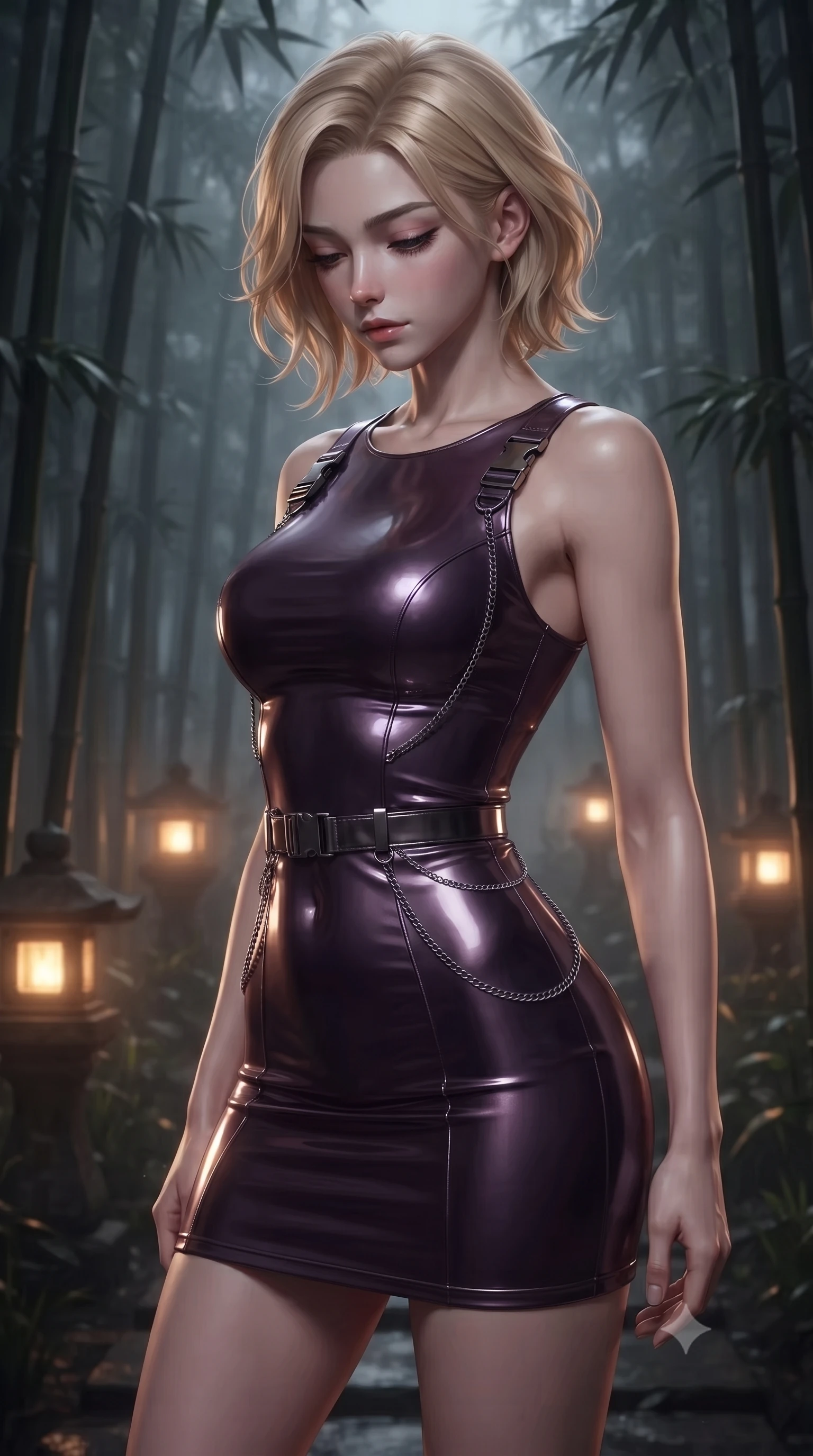 score_9, masterpiece, best quality, ultra-detailed, high-budget anime keyframe, editorial fashion photography, tasteful artistic composition, Caucasian woman. close-up cowboy shot from the waist and thighs up, the character dominates the composition, filling the frame with her large presence, background elements kept in soft focus. Looking down with lowered lashes and a composed, powerful dark aura, poised near a misty dark bamboo partition illuminated by warm amber stone lanterns, sensual oriental luxury aesthetic with quiet magnetic charm. She has an exceptionally elegant, slender, and willowy female figure with an ultra-slim waist, a gracefully sculpted slender torso, and a refined silhouette. sharp v-shaped jawline, high-bridge nose, intricate jewel-like eyes with depth, thick eyelashes, glossy lips with a natural sheen. wearing aerodynamic second-skin dark silver metallic bodycon dress in dark plum violet, made of liquid dark mercury jersey, framed by dark titanium buckles and silver chain details, accentuating her gracefully sculpted slender torso. lit by low-key golden rays piercing through dark bamboo shadows. ultra-reflective glossy finish, specular highlights, metallic sheen, high-contrast stereoscopic depth, volumetric dynamic lighting, 2k, ultra detail, master piece, 9:16 ratio