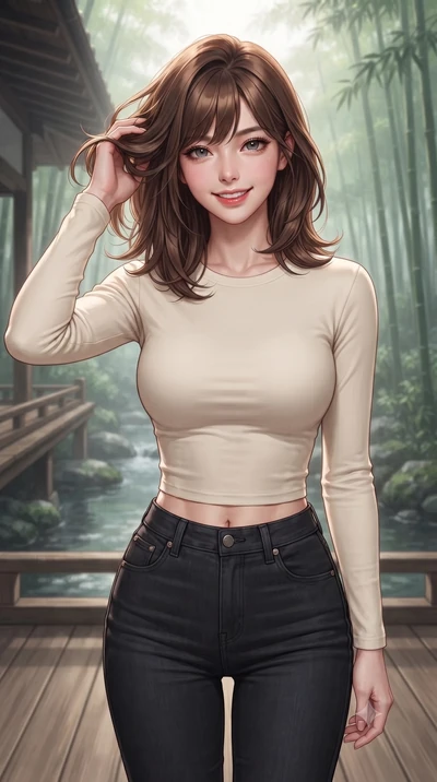 score_9, masterpiece, best quality, ultra-detailed, high-budget anime keyframe, editorial fashion photography, tasteful artistic composition, Korean woman woman. close-up cowboy shot from the waist and thighs up, the character dominates the compositi