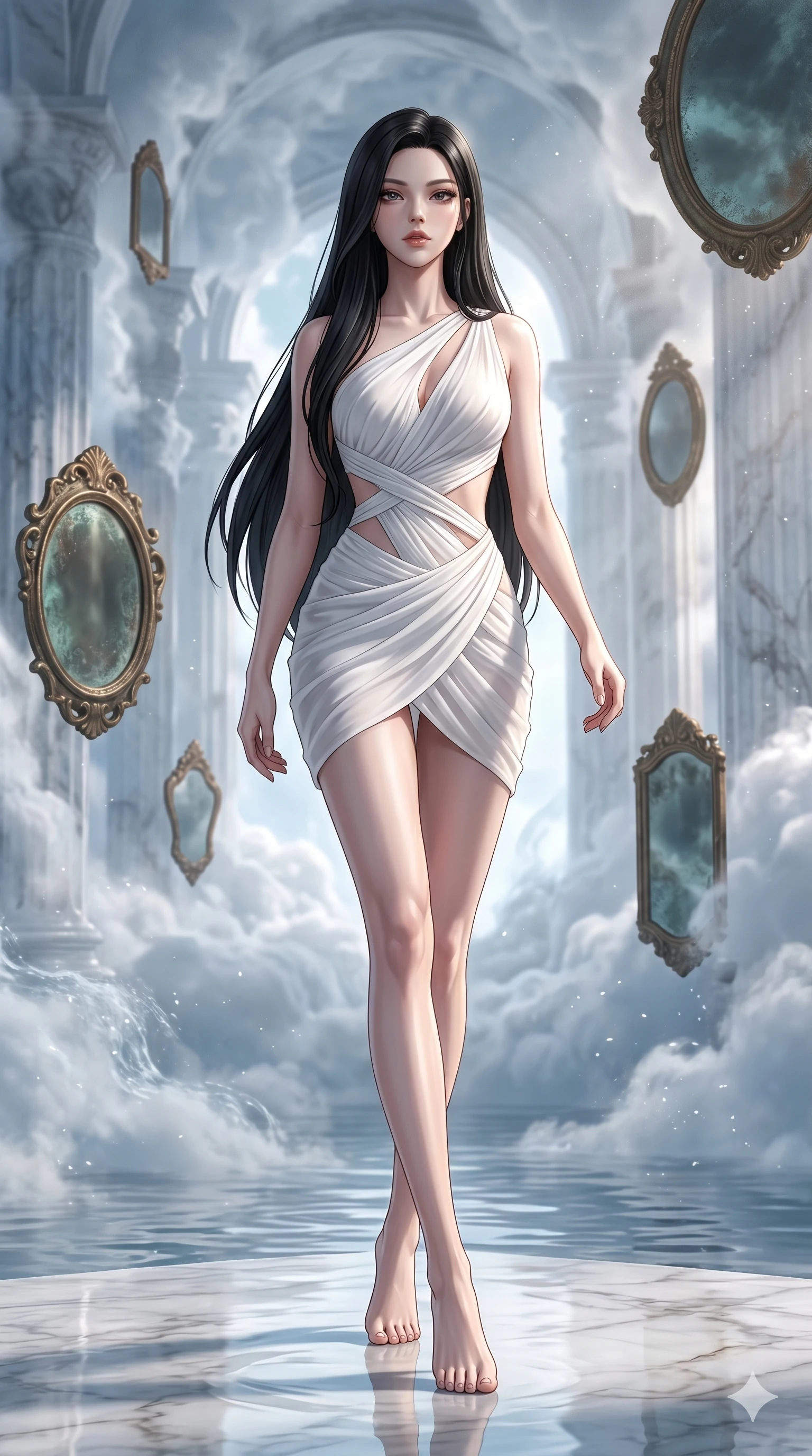 score_9, masterpiece, best quality, ultra-detailed, high-budget anime keyframe, Korean woman. low angle full-body shot filling the entire 9:16 frame with her statuesque presence, stretching the vertical silhouette. wandering through a mirage cloud cathedral of translucent marble and water mist, surrounded by floating ancient bronze mirror walls. She has an absolutely perfect 8-heads proportion, an exceptionally tall and slender female figure with impossibly long slender legs and an ultra-slim waist. V-shaped jawline, high-bridge nose, intricate jewel-like eyes with depth, thick eyelashes, glossy lips with a natural sheen.. wearing an asymmetric chiffon draped couture mini dress, featuring draped white chiffon fabric twisting around her body with elegant diamond cutouts on the waist. illuminated by dramatic chiaroscuro casting soft shadows along her curves, with vibrant backlighting highlighting the dust particles. 2k, ultra detail, master piece, 9:16 ratio