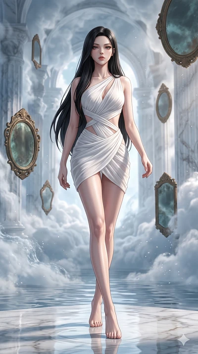 score_9, masterpiece, best quality, ultra-detailed, high-budget anime keyframe, Korean woman. low angle full-body shot filling the entire 9:16 frame with her statuesque presence, stretching the vertical silhouette. wandering through a mirage cloud ca