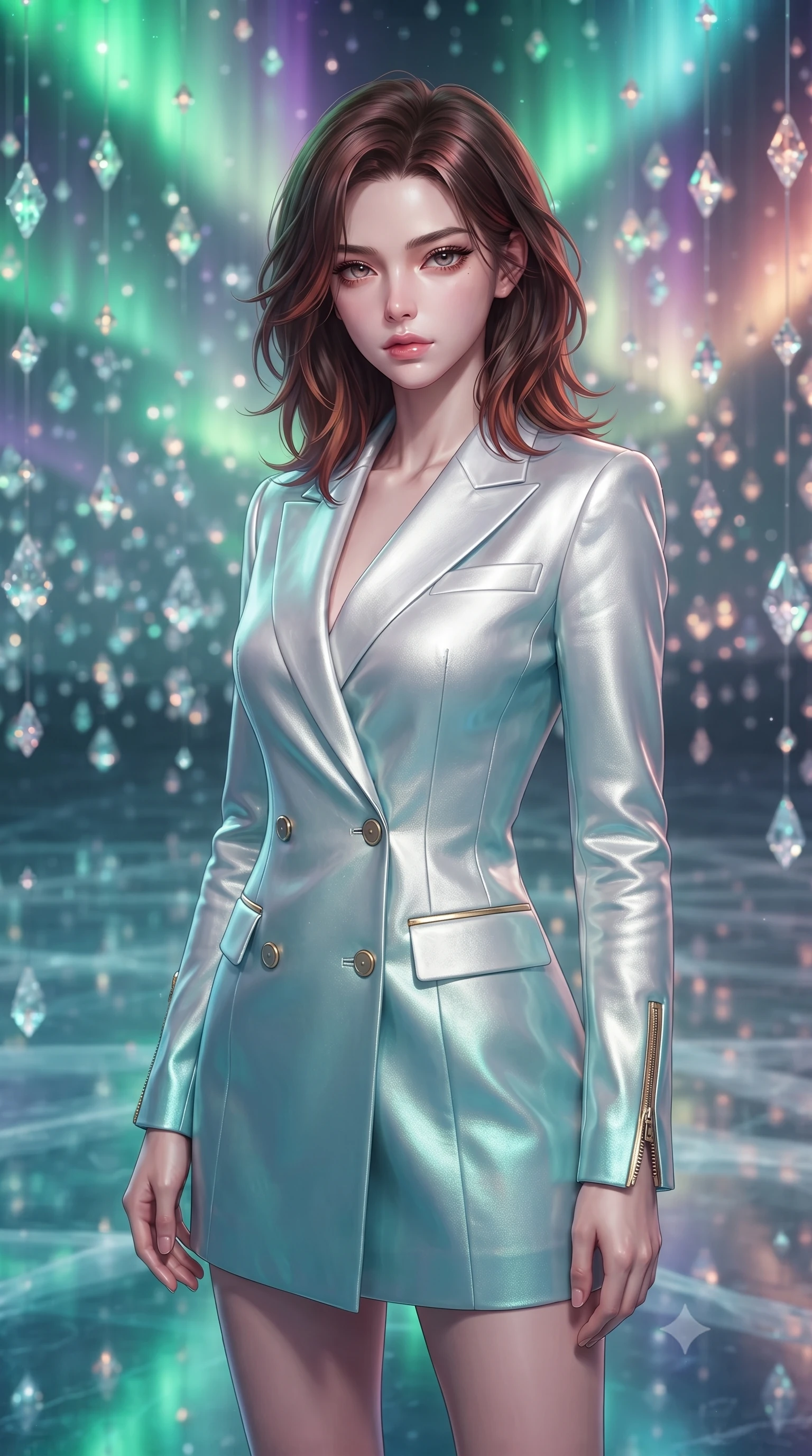 score_9, masterpiece, best quality, ultra-detailed, high-budget anime keyframe, editorial fashion photography, tasteful artistic composition, Korean woman. close-up cowboy shot from the waist and thighs up, the character dominates the composition, filling the frame with her large presence, background elements kept in soft focus. Casting a slow, direct gaze beneath heavy lashes with quiet intensity, navigating a frozen glass sanctuary surrounded by suspended ice crystals glinting under aurora, translucent glacial floor creating a crystal mirror reflection of her posture. She has an exceptionally elegant, slender, and willowy female figure with an ultra-slim waist, a gracefully sculpted slender torso, and a refined silhouette. sharp v-shaped jawline, high-bridge nose, intricate jewel-like eyes with depth, thick eyelashes, glossy lips with a natural sheen. wearing tailored double-breasted opal white blazer dress in metallic silver, made of iridescent turquoise taffeta, finished with metallic gold boning and sleek zipper points, the fitted fabric emphasizing her ultra-slim waist. illuminated by shifting aurora borealis palette (emerald green, violet, rose gold) from above. highly saturated vibrant anime colors, detailed shading with soft gradients, rich glossy textures, high-contrast stereoscopic depth, volumetric dynamic lighting, master piece, 9:16 ratio