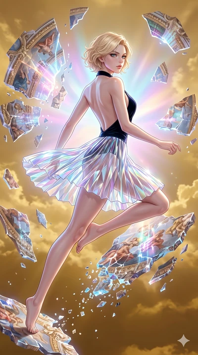 score_9, masterpiece, best quality, ultra-detailed, high-budget anime keyframe, Caucasian woman, strictly human ears. upper body close-up from the thighs up, character filling the screen for maximum presence. propelling herself off digital baroque ce
