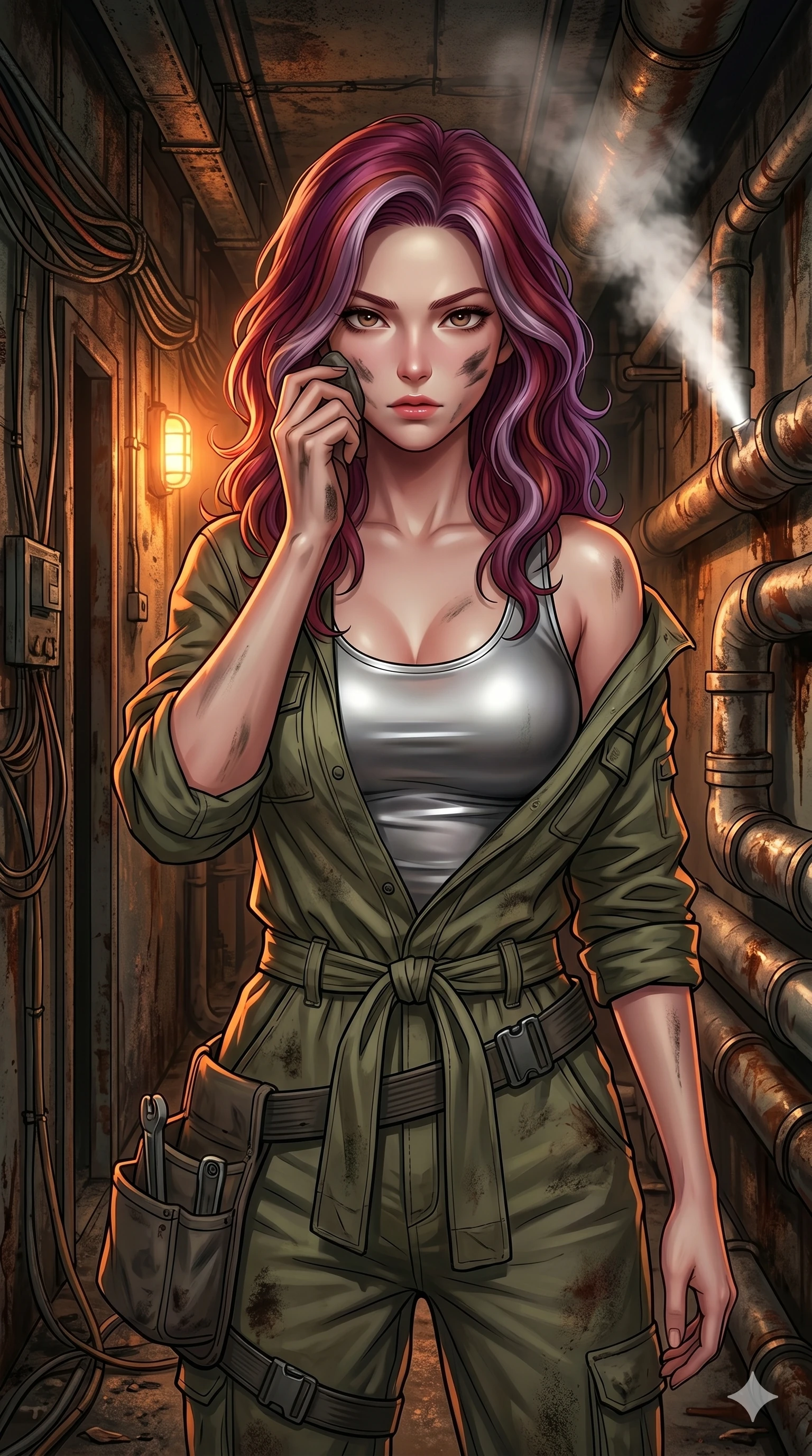 score_9, masterpiece, best quality, ultra-detailed, high-budget anime keyframe, Caucasian woman, strictly human ears. Upper body close-up from the thighs up, character filling the screen for maximum presence. Standing in a narrow corridor with exposed wires and steam pipes, wiping a smudge of grease from her cheek with a determined look. She is wearing a utility jumpsuit tied at the waist, worn over a sleek metallic tank top. The scene is lit by flickering orange lights and white steam vents highlighting her silhouette. 2k, ultra detail, master piece, 9:16 ratio