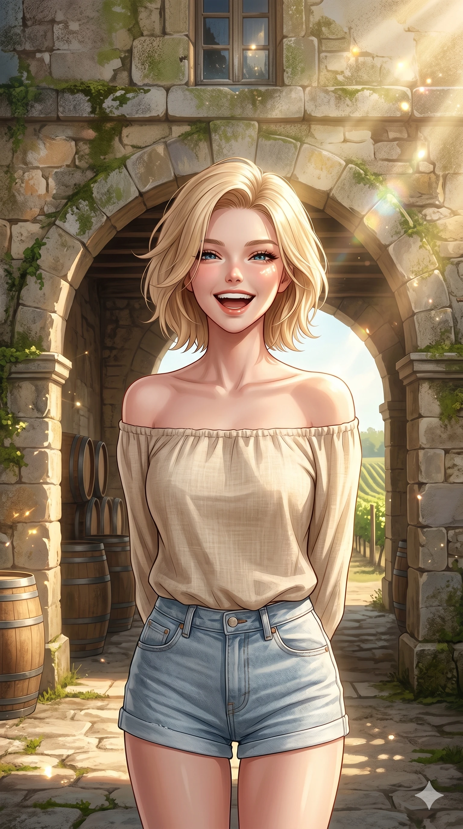 score_9, masterpiece, best quality, ultra-detailed, high-budget anime keyframe, editorial fashion photography, tasteful artistic composition, Caucasian woman, strictly human ears. cowboy shot from the thighs up, character and outfit filling the frame for maximum editorial presence. laughing joyfully with her head tilted, eyes glowing with bright happiness standing under a stone archway of an old French winery in Bordeaux. She has an absolutely perfect 8-heads proportion, an exceptionally tall and slender female figure with impossibly long slender legs and an ultra-slim waist. V-shaped jawline, high-bridge nose, intricate jewel-like eyes with depth, thick eyelashes, glossy lips with a natural sheen. wearing a beige off-shoulder top showing her elegant clavicle lines, and denim shorts. illuminated by bright, warm sunbeams creating soft shadows and sparkling lens flares. 2k, ultra detail, master piece, 9:16 ratio