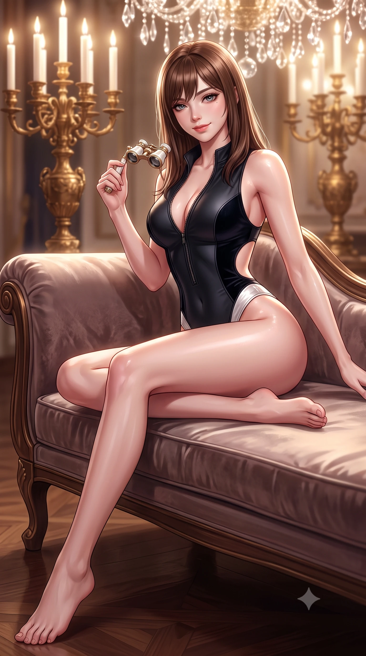 score_9, masterpiece, best quality, ultra-detailed, high-budget anime keyframe, semi-realistic 3D game render, editorial fashion photography, tasteful artistic composition, Korean woman. low angle full-body shot from head to toe showing her feet, filling the entire 9:16 vertical frame with her statuesque presence, stretching her vertical silhouette. reclining gracefully across the plush chaise lounge with one leg extended, her sculpted silhouette and flat midriff radiating magnetic nocturnal glamour while twisting her slender torso in an alluring contrapposto stance, shimmering crystal chandelier refractions dancing across her curves. The background shows a soft-focus ornate gilded bronze candelabras softened in magnificent Parisian opera shallow focus. She has an absolutely perfect, statuesque 8.5-heads proportion, an exceptionally tall and slender model-like female figure with impossibly long slender legs, an ultra-slim waist, a flat toned midriff, narrow delicate ribcage, and beautifully sculpted feminine hips creating a graceful, slim hourglass silhouette without any bulky heaviness. sharp v-shaped jawline, high-bridge nose, sparkling eyes with hypnotic seductive depth, thick curled eyelashes, glossy parted lips with a natural dewy peach sheen, alluring bedroom-eyes with an enchanting coquettish smile, exuding magnetic siren charisma and sophisticated glamour, flawlessly proportioned anatomical accuracy, strict slender model proportions, natural body alignment, perfectly sculpted long slender limbs, ultra-slim waistline, clean dynamic posture without body distortion. wearing a form-contouring liquid-tight matte-black tactical bodysuit with a plunging front zipper and high-cut leg openings in pure pearl alabaster with liquid platinum sheen, tailored from ultra-plush velvet with rich tactile depth and deep shadow gradients, accented with an antique mother-of-pearl opera glass held casually in one hand, the precision-cut side openings and low-back scoop framing her graceful spine and the sensual sweep of her slim, toned hips. bathed in the warm radiant brilliance of thousands of crystal chandelier electric candles. highly saturated vibrant anime colors, detailed shading with soft gradients, rich glossy textures, high-contrast stereoscopic depth, volumetric dynamic lighting, master piece, 9:16 ratio