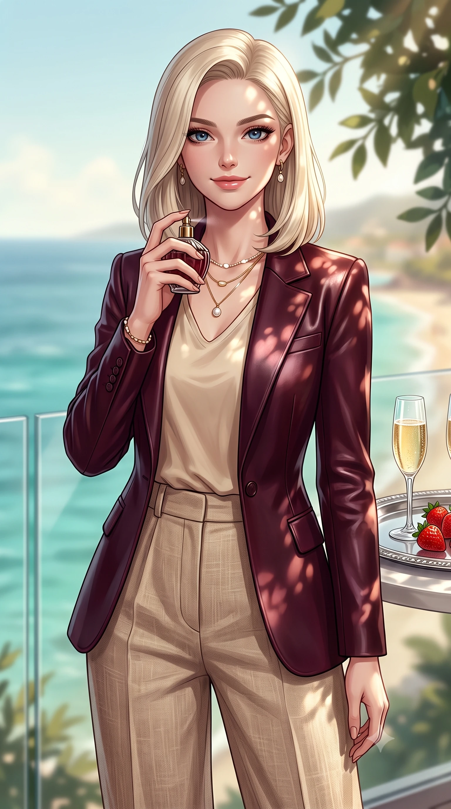 score_9, masterpiece, best quality, ultra-detailed, high-budget anime keyframe, editorial fashion photography, tasteful artistic composition, Caucasian woman. close-up cowboy shot from the waist and thighs up, the character dominates the composition, filling the frame with her large presence, background elements kept in soft focus. holding a vintage perfume bottle to her neck, smiling with quiet magnetic self-assurance set against a soft-focus background of inside an exclusive oceanfront balcony with a crystal glass of sparkling champagne and fresh strawberries on a silver tray. She has an exceptionally elegant, slender, and willowy female figure with an ultra-slim waist, a gracefully sculpted slender torso, and a refined silhouette. sharp v-shaped jawline, high-bridge nose, intricate jewel-like eyes with depth, thick eyelashes, glossy lips with a natural sheen. wearing form-contouring deep burgundy glossy leather tailored casual blazer paired with a loose tee and wide-leg trousers featuring refined tailored seams. highlighted by dappled sunlight filtering through leafy branches, creating soft organic patterns. highly saturated vibrant anime colors, detailed shading with soft gradients, rich glossy textures, high-contrast stereoscopic depth, volumetric dynamic lighting, master piece, 9:16 ratio