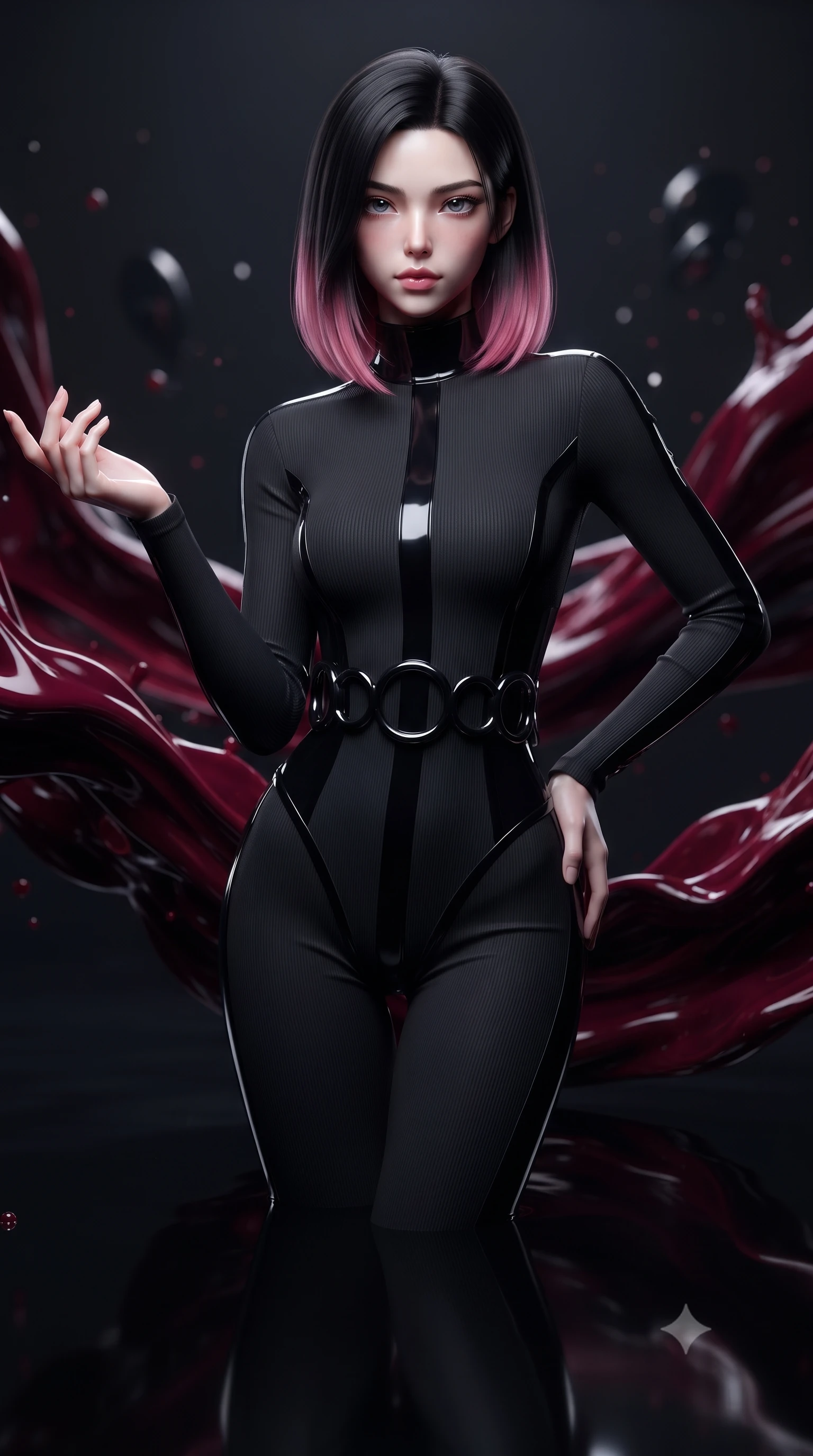 score_9, masterpiece, best quality, ultra-detailed, high-budget anime keyframe, editorial fashion photography, tasteful artistic composition, Korean woman. close-up cowboy shot from the waist and thighs up, the character dominates the composition, filling the frame with her large presence, background elements kept in soft focus. Reaching one hand toward the viewer with relaxed dark elegance, standing surrounded by zero-gravity swirls of dark crimson and obsidian liquid paint, dark reflective glass floor mirroring her vertical pose in deep shadows. She has an exceptionally elegant, slender, and willowy female figure with an ultra-slim waist, a gracefully sculpted slender torso, and a refined silhouette. sharp v-shaped jawline, high-bridge nose, intricate jewel-like eyes with depth, thick eyelashes, glossy lips with a natural sheen. wearing sleek high-neck ribbed activewear bodysuit in matte black in dark plum violet, made of high-gloss liquid vinyl, accented with sculpted obsidian chrome rings at the waist, following her slender form with tailored precision. lit by single intense key ray accentuating liquid paint contours. ultra-reflective glossy finish, specular highlights, metallic sheen, high-contrast stereoscopic depth, volumetric dynamic lighting, 2k, ultra detail, master piece, 9:16 ratio