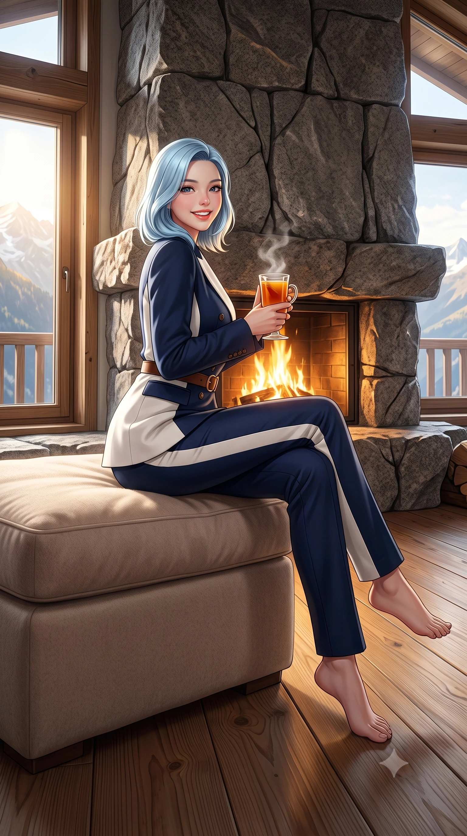 score_9, masterpiece, best quality, ultra-detailed, high-budget anime keyframe, semi-realistic 3D game render, editorial fashion photography, tasteful artistic composition, Korean woman. low angle full-body shot from head to toe showing her feet, filling the entire 9:16 vertical frame with her statuesque presence, stretching her vertical silhouette. pausing along the promenade and turning back toward the camera with an infectious, delightful smile and perfect posture while sitting gracefully on an oversized cashmere-upholstered banquette near the stone hearth, holding a glass of spiced cider with cozy luxury charm. The surrounding environment is rendered in vivid detail and crisp panoramic clarity: sharp natural cleavage lines in rough-hewn granite fireplace, triple-glazed insulated window seals, and wide fir timber plank grain in deep focus. She has an exceptionally tall and slender model-like 8.5-heads proportion, an ultra-slim waist, a flat toned midriff, narrow delicate ribcage, and beautifully sculpted feminine hips creating a graceful, slim hourglass silhouette without any bulky heaviness, with impossibly long slender legs. sharp v-shaped jawline, high-bridge nose, intricate jewel-like sparkling eyes with depth, thick eyelashes, glossy parted lips with a natural peach sheen, bright cheerful beaming smile with an enchanting and coquettish sensual glint, exuding both youthful cute charm and seductive allure, flawlessly proportioned anatomical accuracy, strict slender model proportions, natural body alignment, perfectly sculpted long slender limbs, ultra-slim waistline, clean dynamic posture without body distortion. wearing a refined double-breasted wool gabardine pantsuit with clean minimalist tailoring and a concealed placket in French navy blue and crisp alabaster white, crafted from ultra-soft Mongolian cashmere with exquisite insulating warmth and tactile softness, finished with a smooth equestrian bridle-leather belt with a polished brass horseshoe buckle, the streamlined silhouette following her natural slender proportions with sophisticated poise, enhancing her tall willowy presence. bathed in the dramatic high-altitude Swiss mountain sunlight streaming through panoramic windows mixed with golden hearth firelight. highly saturated vibrant anime colors, detailed shading with soft gradients, rich glossy textures, high-contrast stereoscopic depth, volumetric dynamic lighting, master piece, 9:16 ratio