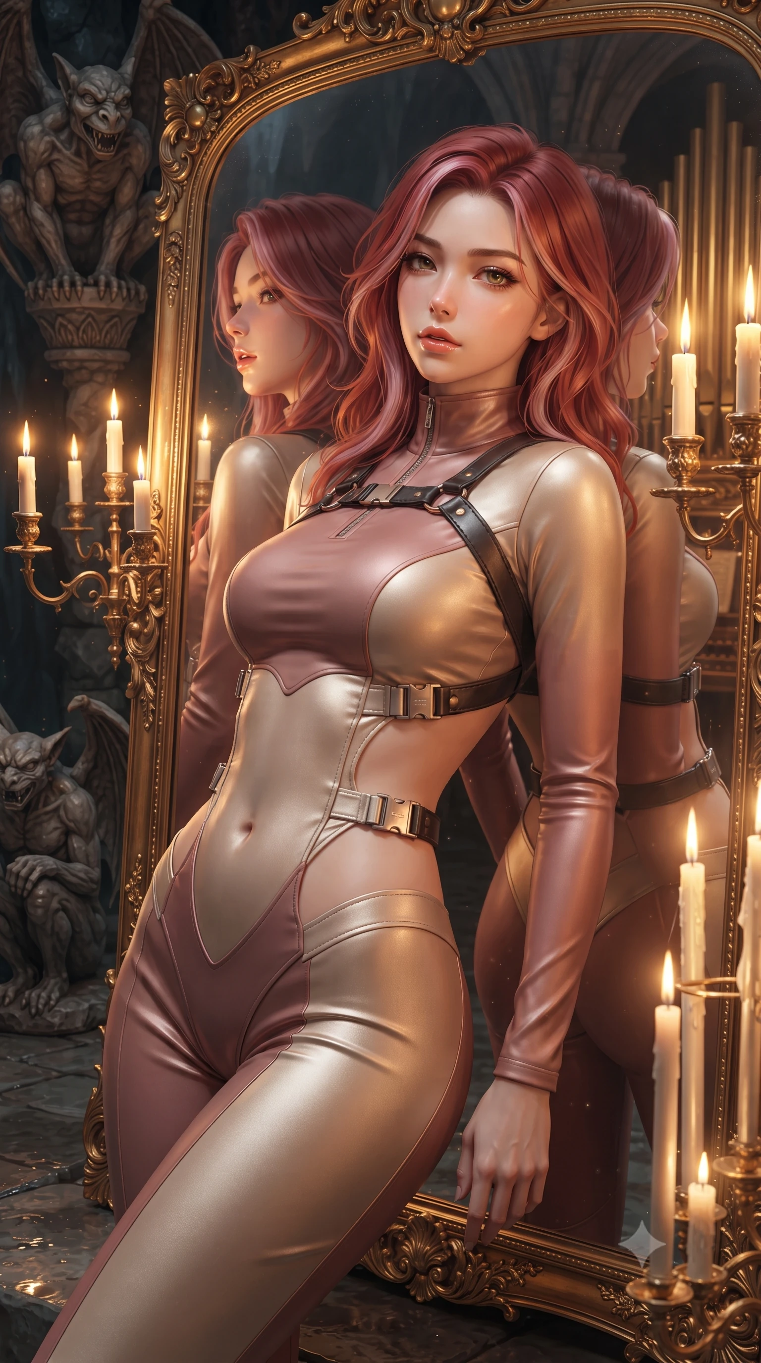 score_9, masterpiece, best quality, ultra-detailed, high-budget anime keyframe, editorial fashion photography, tasteful artistic composition, Caucasian woman. close-up cowboy shot from the waist and thighs up, the character dominates the composition, filling the frame with her large presence. leaning back with relaxed seductive grace, her sculpted collarbones and narrow waist highlighted as she casts smoldering bedroom-eyes directly into the camera while leaning against an ornate gilded floor mirror surrounded by floating candelabras, looking over her shoulder at her own reflection with parted glossy lips. The surrounding environment is rendered in vivid detail and crisp panoramic clarity. sharp carved gothic gargoyle textures, gilded organ pipe polish, and wet cavern flagstones in deep focus. She has an exceptionally elegant, slender, and willowy female figure with an ultra-slim waist, flat toned midriff, narrow ribcage, and sculpted feminine hips creating an alluring, slim hourglass silhouette without bulk. sharp v-shaped jawline, high-bridge nose, intricate jewel-like eyes with depth, thick eyelashes, glossy parted lips with a natural sheen, intensely captivating and seductive bedroom-eyes expression, flawlessly proportioned anatomical accuracy, strict slender model proportions, natural body alignment, perfectly sculpted long slender limbs, ultra-slim waistline, clean dynamic posture without body distortion. wearing a high-collar speedsuit featuring bold side-torso cutouts and quick-release titanium buckles in dusky blush rose and shimmering champagne shimmer, tailored from liquid silk jersey adhering flawlessly to her slender build, featuring an open-back criss-cross harness strap in dark leather, the second-skin form-contouring cut accentuating her sculpted flat midriff, narrow delicate ribcage, and gracefully curvy hips with supermodel precision. bathed in warm golden candelabra flicker from all sides and soft subterranean lake water reflections. ultra-reflective glossy finish, specular highlights, rich textural contrasts, high-contrast stereoscopic depth, volumetric dynamic lighting, 2k, ultra detail, master piece, 9:16 ratio