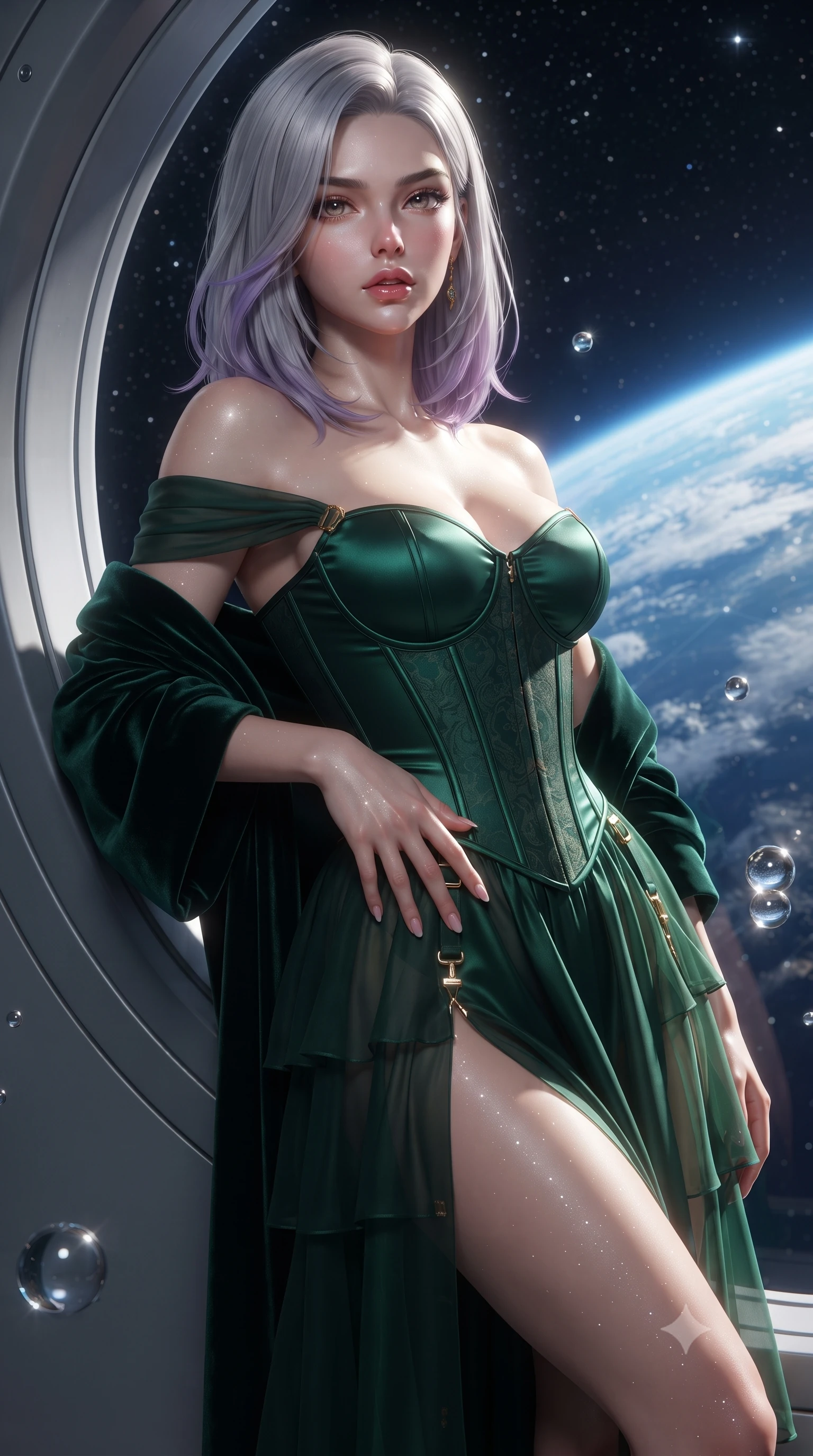 score_9, masterpiece, best quality, ultra-detailed, high-budget anime keyframe, editorial fashion photography, tasteful artistic composition, Caucasian woman. close-up cowboy shot from the waist and thighs up, the character dominates the composition, filling the frame with her large presence. resting one manicured hand delicately on her hip bone, her upper body turning in a fluid, seductive S-curve while parted lips glisten in the light while leaning back against the curved titanium observation bulkhead with hips cocked, casting an alluring, sovereign bedroom-gaze past floating zero-G liquid mercury spheres. The surrounding environment is rendered in vivid detail and crisp panoramic clarity. detailed metallic gown texture, starlight glints on skin, and Earth continental cloud swirl clarity in high resolution. She has an exceptionally elegant, slender, and willowy female figure with an ultra-slim waist, flat toned midriff, narrow ribcage, and sculpted feminine hips creating an alluring, slim hourglass silhouette without bulk. sharp v-shaped jawline, high-bridge nose, intricate jewel-like eyes with depth, thick eyelashes, glossy parted lips with a natural sheen, intensely captivating and seductive bedroom-eyes expression, flawlessly proportioned anatomical accuracy, strict slender model proportions, natural body alignment, perfectly sculpted long slender limbs, ultra-slim waistline, clean dynamic posture without body distortion. wearing an off-shoulder French court corset bodice dress paired with a tiered translucent chiffon slit skirt in deep emerald green satin and gold hardware, tailored from liquid silk jersey adhering flawlessly to her slender build, complemented by a plush velvet shawl draped loosely over her elbows, the liquid-tight tailored fabric clinging flawlessly to her narrow waist and rounded feminine hips, emphasizing every millimeter of her sculpted slim hourglass curves without any bulky heaviness. illuminated by crisp directional cosmic starlight sharply defining her sculpted clavicle, ultra-slim waist, and curvy hips. ultra-reflective glossy finish, specular highlights, rich textural contrasts, high-contrast stereoscopic depth, volumetric dynamic lighting, 2k, ultra detail, master piece, 9:16 ratio