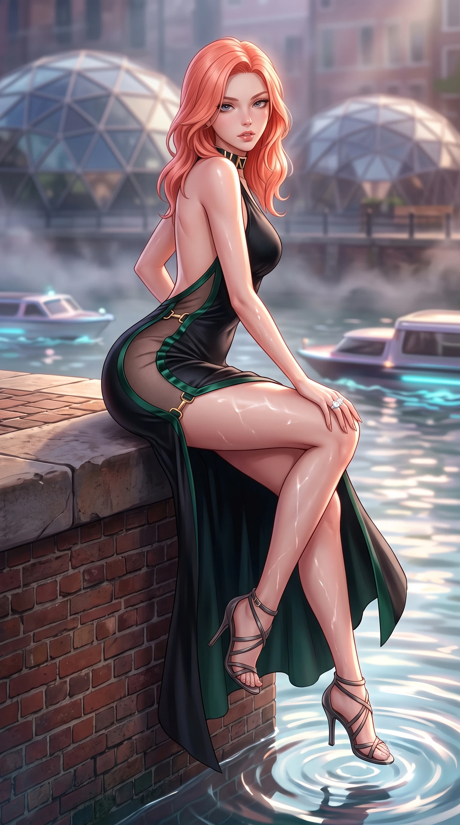 score_9, masterpiece, best quality, ultra-detailed, high-budget anime keyframe, semi-realistic 3D game render, editorial fashion photography, tasteful artistic composition, Japanese woman. low angle full-body shot from head to toe showing her feet, filling the entire 9:16 vertical frame with her statuesque presence, stretching her vertical silhouette. sitting perched on the elevated edge with hips angled toward the camera and legs crossed, displaying her toned midriff and flawlessly sculpted slender limbs while turning in an alluring contrapposto stance along the historic brick waterfront, her high-slit dress fluttering as passing electric watercraft stir luminous ripples. The composition keeps background elements in soft focus with creamy bokeh. curved geodesic dome frames and canal mist softened in romantic cyberpunk shallow focus. She has an exceptionally tall and slender model-like 8.5-heads proportion, an ultra-slim waist, a flat toned midriff, narrow delicate ribcage, and beautifully sculpted feminine hips creating a graceful, slim hourglass silhouette without any bulky heaviness, with impossibly long slender legs. sharp v-shaped jawline, high-bridge nose, intricate jewel-like eyes with depth, thick eyelashes, glossy parted lips with a natural sheen, intensely captivating and seductive bedroom-eyes expression, flawlessly proportioned anatomical accuracy, strict slender model proportions, natural body alignment, perfectly sculpted long slender limbs, ultra-slim waistline, clean dynamic posture without body distortion. wearing a second-skin black silk jersey maxi dress with asymmetrical sheer mesh side panels tracing the full curve of her hip in deep emerald green satin and gold hardware, tailored from liquid silk jersey adhering flawlessly to her slender build, complemented by a bold geometric choker and sparkling cocktail ring, the dramatically scooped open back descending to the base of her spine, accentuating her razor-sharp statuesque lines and slim hourglass silhouette. illuminated by shimmering water surface specular reflections accentuating her sculpted midriff, narrow waist, and curvy hips. highly saturated vibrant anime colors, detailed shading with soft gradients, rich glossy textures, high-contrast stereoscopic depth, volumetric dynamic lighting, master piece, 9:16 ratio