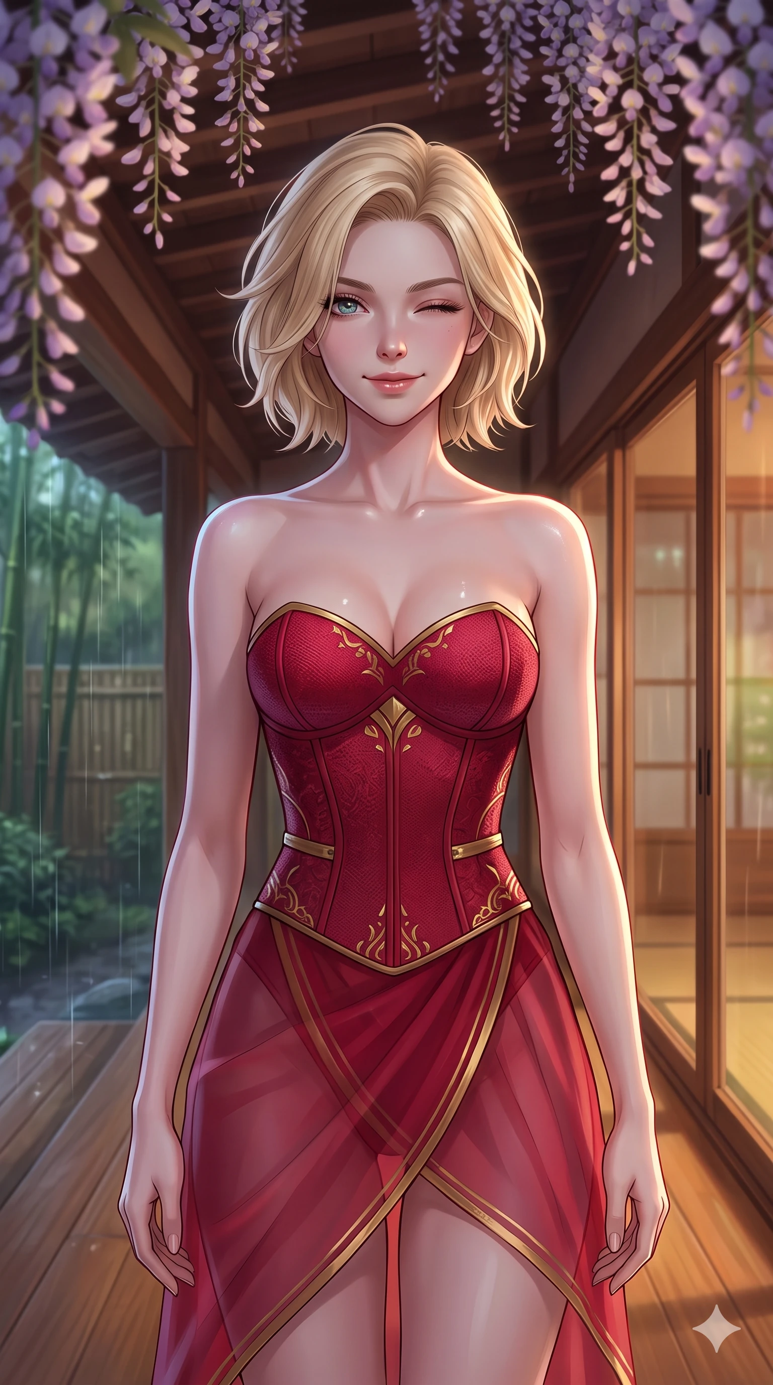 score_9, masterpiece, best quality, ultra-detailed, high-budget anime keyframe, vibrant anime aesthetic, Caucasian woman, strictly human ears. close-up cowboy shot from the waist and thighs up, the character dominates the composition, filling the frame with her large presence, background elements kept in soft focus. She is standing under wisteria vines, winking with a cheerful and lively face, looking directly into the lens with a relaxed and elegant posture. the background shows a soft-focus warm, wood-paneled tea house veranda with large sliding glass doors facing a rain-swept bamboo garden (Code-P22-131). She has an absolutely perfect proportion, an exceptionally elegant and slender female figure with an ultra-slim waist. V-shaped jawline, high-bridge nose, intricate jewel-like eyes with depth, thick eyelashes, glossy lips with a natural sheen. wearing a structured textured bodice with a sweetheart neckline and a translucent chiffon wrap skirt in ruby red and gold accents. She is lit by vibrant twilight sky reflections, tracing her shoulders and neckline, outlining her elegant silhouette on the outdoor wooden terrace. 2k, ultra detail, master piece, 9:16 ratio