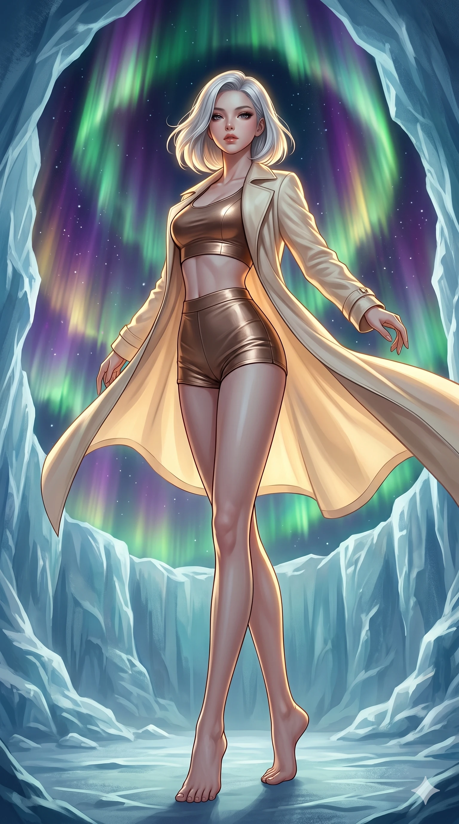 score_9, masterpiece, best quality, ultra-detailed, high-budget anime keyframe, editorial fashion photography, tasteful artistic composition, Korean woman. low angle full-body shot from head to toe showing her feet, filling the entire 9:16 vertical frame with her statuesque presence, stretching her vertical silhouette. pirouetting mid-air inside a natural ice amphitheater on a frozen planet where magnificent plasma auroras form a living curtain of green violet and gold serving as an ever-shifting cosmic stage backdrop. She has a statuesque 8.5-heads proportion, an exceptionally tall, slender and willowy model-like build with impossibly long legs and a highly sculpted ultra-slim waist. sharp v-shaped jawline, high-bridge nose, intricate jewel-like eyes with depth, thick eyelashes, glossy lips with a natural sheen. wearing a metallic bronze crop top paired with high-waisted matching micro-shorts, under a flowing cream trench coat. dramatic chiaroscuro with a single golden key light sculpting her silhouette. 2k, ultra detail, master piece, 9:16 ratio