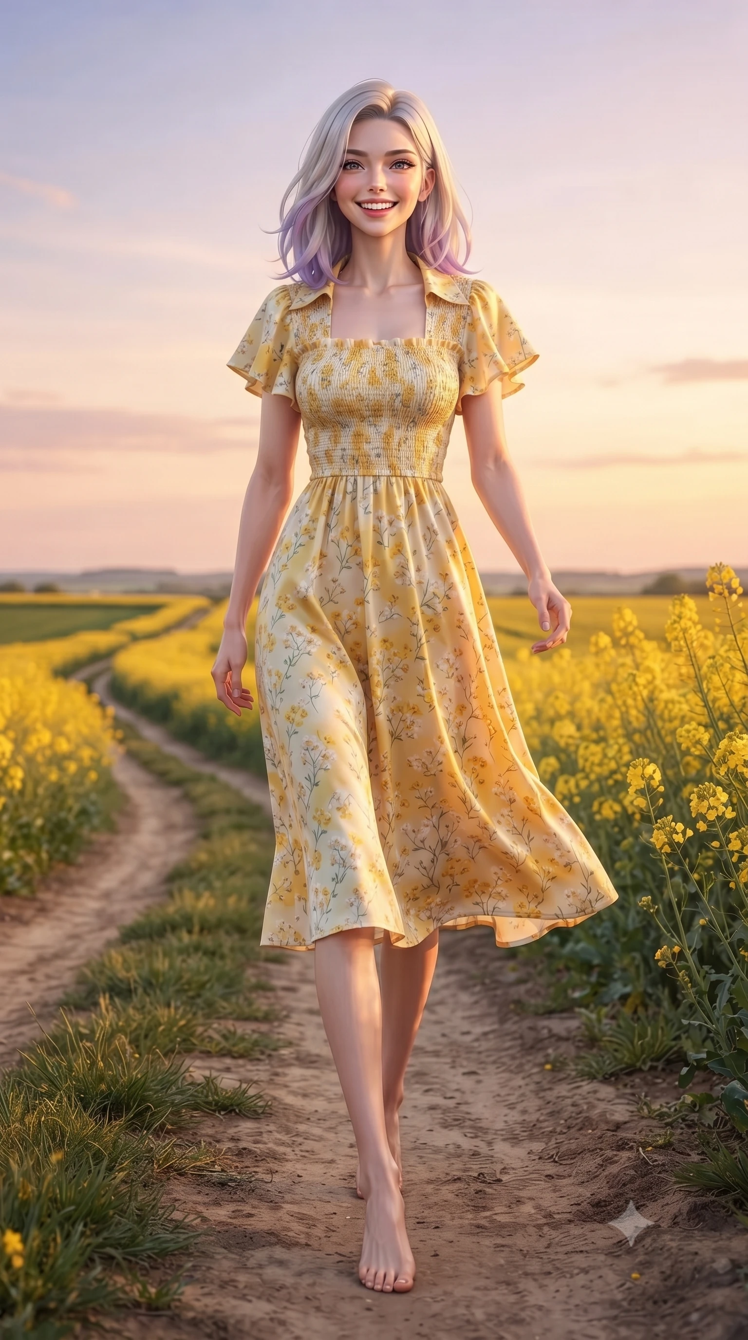 score_9, masterpiece, best quality, ultra-detailed, high-budget anime keyframe, editorial fashion photography, tasteful artistic composition, Caucasian woman. low angle full-body shot from head to toe showing her feet, filling the entire 9:16 vertical frame with her statuesque presence, stretching her vertical silhouette. walking forward in a cheerful, dynamic stride with a radiant beaming smile, her statuesque silhouette filling the frame while walking gracefully along a winding dirt path bordered by golden canola blooms as the sunset paints the sky in pastel hues. The surrounding environment is rendered in vivid detail and crisp panoramic clarity. warm high-contrast golden hour chiaroscuro and expansive agricultural countryside in precision. She has an absolutely perfect, statuesque 8.5-heads proportion, an exceptionally tall and slender model-like female figure with impossibly long slender legs, a toned flat midriff, and an ultra-slim waist. sharp v-shaped jawline, high-bridge nose, intricate jewel-like eyes with depth, thick eyelashes, glossy lips with a natural sheen, pure and lovely fresh girlhood expression, flawlessly proportioned anatomical accuracy, strict slender model proportions, natural body alignment, perfectly sculpted long slender limbs, ultra-slim waistline, clean dynamic posture without body distortion. wearing a sweet square-neck smocked midi dress decorated with delicate wildflower patterns in fresh buttercup yellow and clean cream white, crafted from smooth fluid silk satin with a natural gentle sheen, featuring elegant flutter sleeves and a graceful open collar, the body-hugging lightweight knit clinging delicately to her slender torso, accentuating her graceful neck and feminine lines. illuminated by soft amber fill light highlighting her glowing complexion and joyful smile. ultra-reflective glossy finish, specular highlights, rich natural textures, high-contrast stereoscopic depth, volumetric dynamic lighting, 2k, ultra detail, master piece, 9:16 ratio