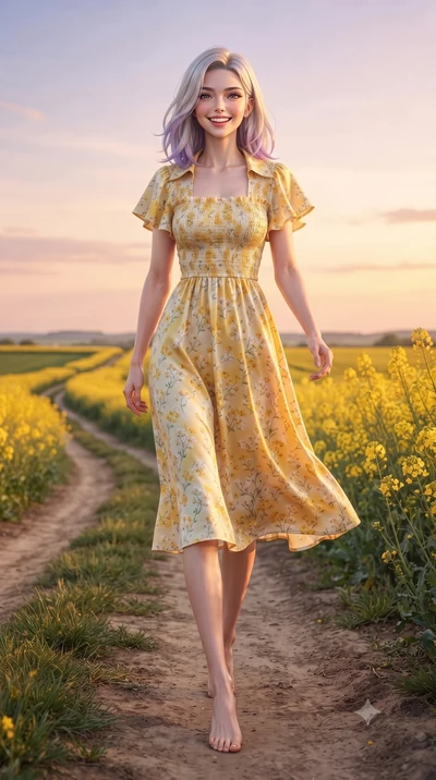 score_9, masterpiece, best quality, ultra-detailed, high-budget anime keyframe, editorial fashion photography, tasteful artistic composition, Caucasian woman. low angle full-body shot from head to toe showing her feet, filling the entire 9:16 vertica