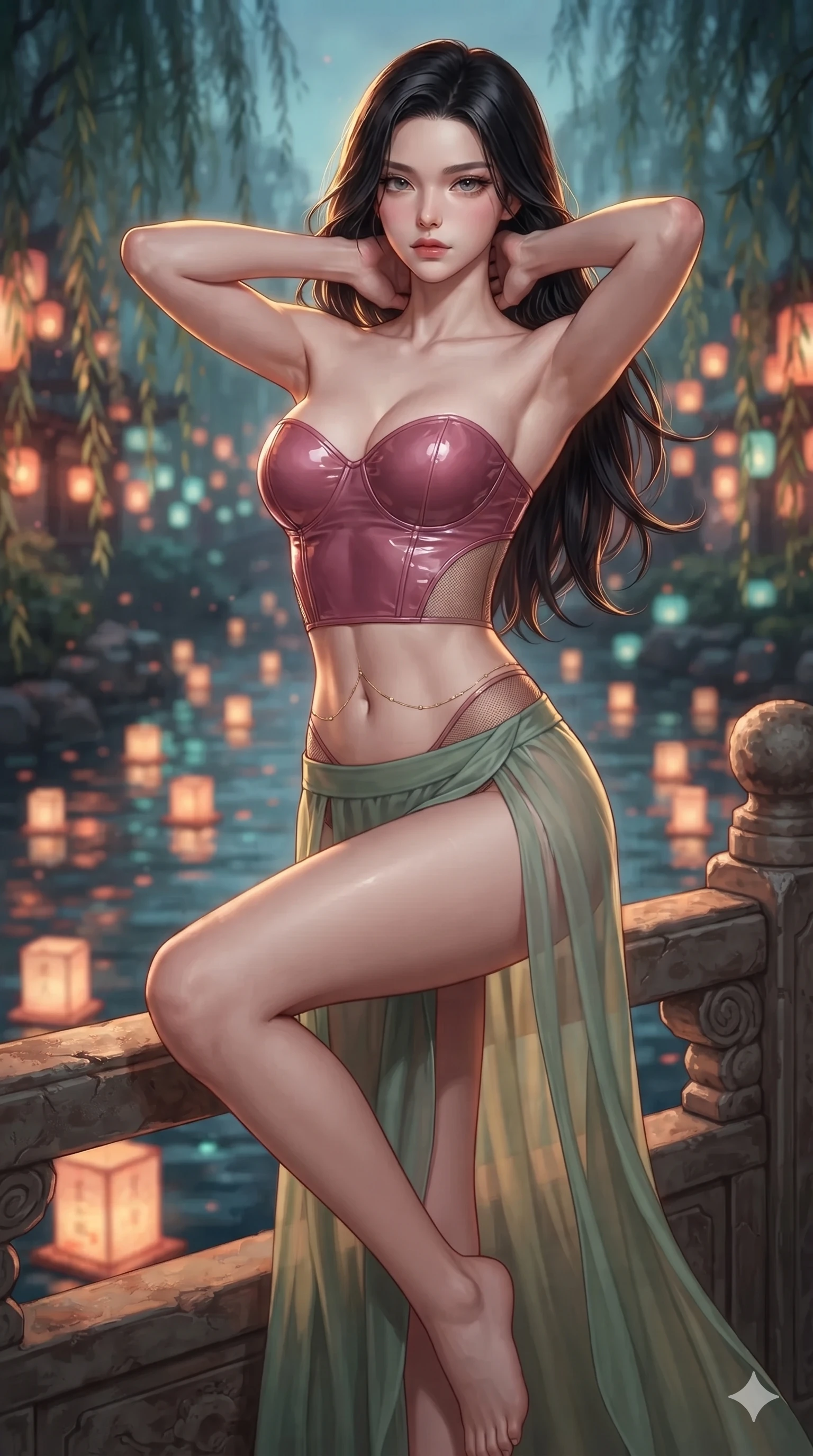 score_9, masterpiece, best quality, ultra-detailed, high-budget anime keyframe, editorial fashion photography, tasteful artistic composition, Korean woman. close-up cowboy shot from the waist and thighs up, the character dominates the composition, filling the frame with her large presence. resting both hands lightly behind her neck with elbows raised, arching her spine to highlight her narrow waist, flat midriff, and breathtaking collarbones while perched sideways on the stone bridge balustrade with one knee drawn up to showcase her slender leg line while her arched back accentuates her curves. The background shows a soft-focus floating paper lantern lights on the stream and weeping willows blurred into coral, gold, and aquamarine bokeh. She has an exceptionally elegant, slender, and willowy female figure with an ultra-slim waist, flat toned midriff, narrow ribcage, and sculpted feminine hips creating an alluring, slim hourglass silhouette without bulk. sharp v-shaped jawline, high-bridge nose, sparkling eyes with hypnotic seductive depth, thick curled eyelashes, glossy parted lips with a natural dewy peach sheen, alluring bedroom-eyes with an enchanting coquettish smile, exuding magnetic siren charisma and sophisticated glamour, flawlessly proportioned anatomical accuracy, strict slender model proportions, natural body alignment, perfectly sculpted long slender limbs, ultra-slim waistline, clean dynamic posture without body distortion. wearing a strapless wet-look vinyl bustier paired with sheer chiffon high-slit wrap trousers revealing her long slender legs in soft lotus rose and morning dew sage green, featuring strategic sheer-illusion micro-mesh cutouts along her ribcage and hip flanks, finished with a dainty gold belly chain resting across her flat midriff and curving hips, the form-contouring silhouette accentuating her sculpted flat midriff, narrow delicate ribcage, and gracefully curvy hips with intoxicating allure. illuminated by stream water bounce and sharp golden-amber rim lights sculpting her razor-sharp jawline, narrow waist, and curvy hips. ultra-reflective glossy finish, specular highlights, rich textural contrasts, high-contrast stereoscopic depth, volumetric dynamic lighting, 2k, ultra detail, master piece, 9:16 ratio
