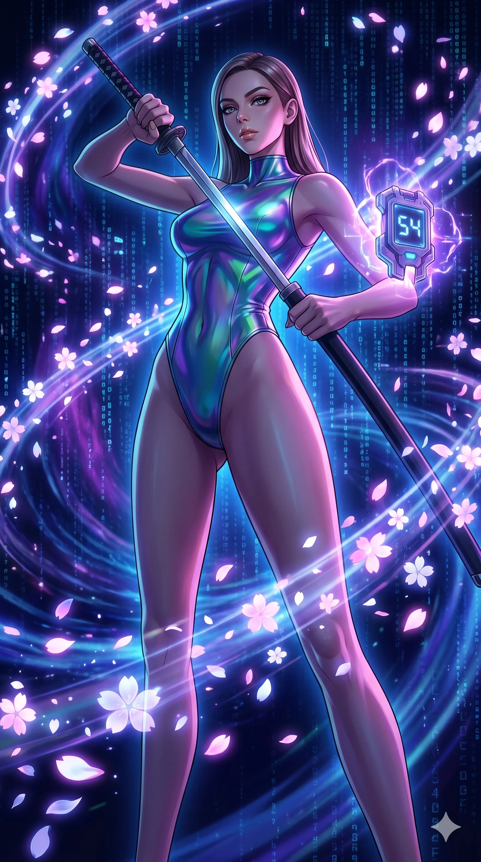 score_9, masterpiece, best quality, ultra-detailed, Set A: High-budget Anime Keyframe, Caucasian (strictly human ears) woman. Low angle cowboy shot filling the entire 9:16 frame with her statuesque presence. Drawing a blade through a virtual reality void, holding a relic that pulses with the frequency 54 and surrounded by digital sakura petals. She has an absolutely perfect 8-heads proportion, an exceptionally tall and slender female figure with impossibly long slender legs and an ultra-slim waist. Sharp v-shaped jawline, high-bridge nose, intricate jewel-like eyes with depth, thick eyelashes, glossy lips with a natural sheen. Wearing High-cut bodysuit made of liquid-crystal fabric that changes color with movement. Cinematic lighting, vibrant colors, dramatic shadows, 2k, ultra detail, master piece, 9:16 ratio