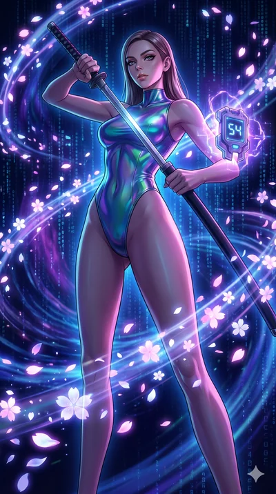 score_9, masterpiece, best quality, ultra-detailed, Set A: High-budget Anime Keyframe, Caucasian (strictly human ears) woman. Low angle cowboy shot filling the entire 9:16 frame with her statuesque presence. Drawing a blade through a virtual reality 