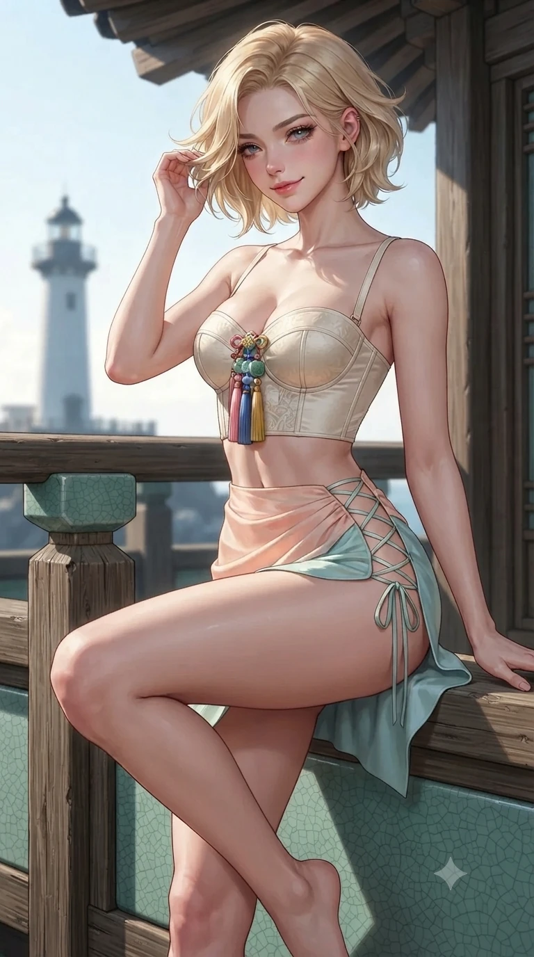 score_9, masterpiece, best quality, ultra-detailed, high-budget anime keyframe, editorial fashion photography, tasteful artistic composition, Caucasian woman. close-up cowboy shot from the waist and thighs up, the character dominates the composition, filling the frame with her large presence. gently brushing a lock of silk hair behind her ear while casting a playful, flirtatious side-gaze with long eyelashes while perched sideways on the balcony balustrade, one knee drawn up to showcase her slender leg line while her arched back accentuates her feminine curves. The surrounding environment is rendered in vivid detail and crisp panoramic clarity: sharp celadon porcelain crackle glaze, weathered cedar railing grain, and distant lighthouse beacon in deep focus. She has an exceptionally elegant, slender, and willowy female figure with an ultra-slim waist, flat toned midriff, narrow ribcage, and sculpted feminine hips creating an alluring, slim hourglass silhouette without bulk. sharp v-shaped jawline, high-bridge nose, sparkling eyes with hypnotic seductive depth, thick curled eyelashes, glossy parted lips with a natural dewy peach sheen, alluring bedroom-eyes with an enchanting coquettish smile, exuding magnetic siren charisma and sophisticated glamour, flawlessly proportioned anatomical accuracy, strict slender model proportions, natural body alignment, perfectly sculpted long slender limbs, ultra-slim waistline, clean dynamic posture without body distortion. wearing a structured underwire silk bustier top with norigae accents paired with a high-cut draped sarong mini wrap in pastel peach blossom and celadon porcelain blue, tailored from heavy double-faced silk faille with an exceptionally fluid drape, featuring fine criss-cross lace-up side ties revealing tantalizing glimpses of her hip curve, the bespoke structured tailoring following the natural line of her 8.5-heads silhouette with refined elegance. illuminated by seafoam bounce and sharp platinum-azure rim lights defining her razor-sharp jawline, narrow waist, and curvy hips. ultra-reflective glossy finish, specular highlights, rich textural contrasts, high-contrast stereoscopic depth, volumetric dynamic lighting, 2k, ultra detail, master piece, 9:16 ratio