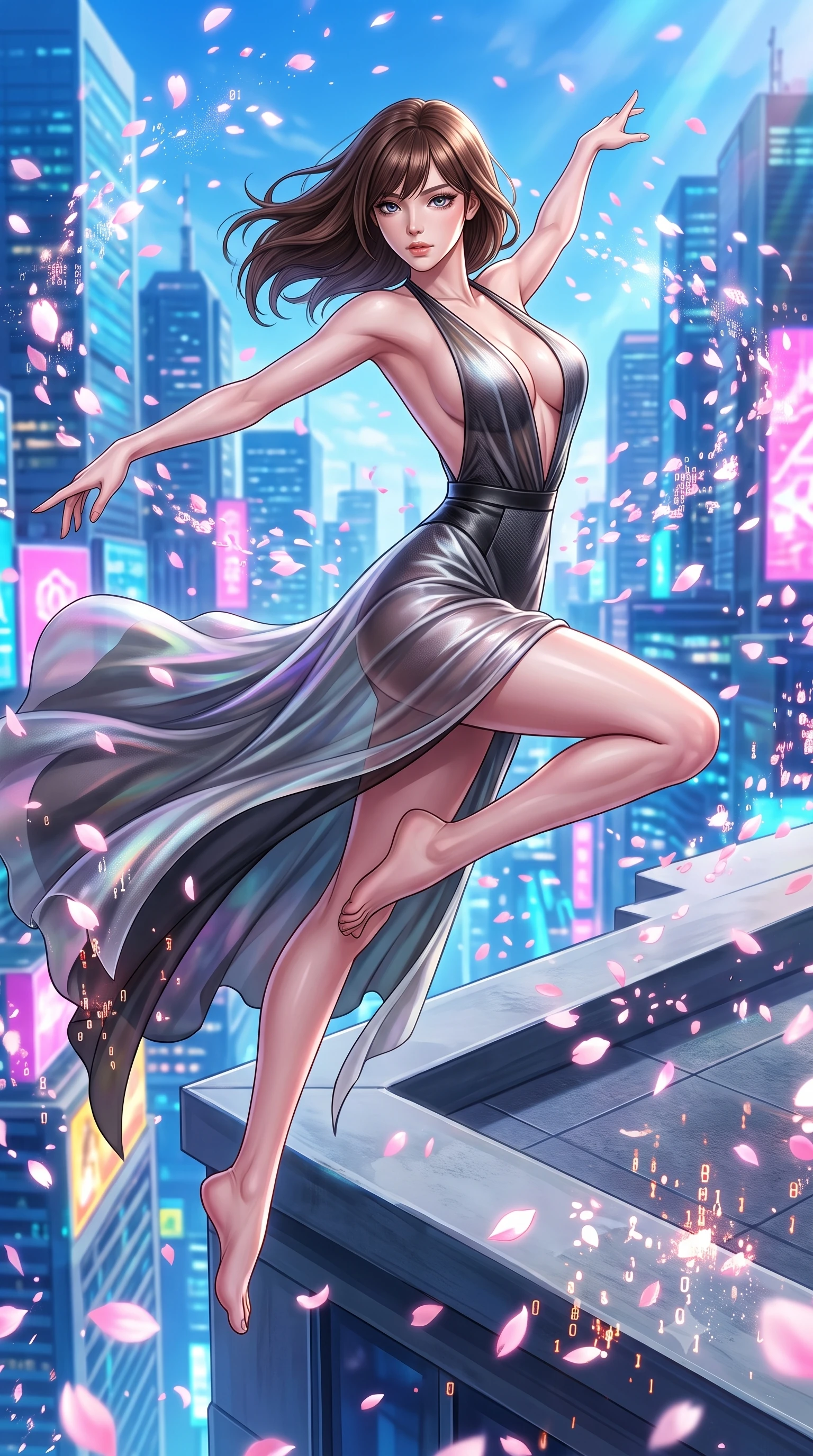 score_9, masterpiece, best quality, ultra-detailed, high-budget anime keyframe, editorial fashion photography, tasteful artistic composition, Korean woman. low angle full-body shot from head to toe showing her feet, filling the entire 9:16 vertical frame with her statuesque presence, stretching her vertical silhouette. performing an athletic mid-air rotation with flawless poise, her vertical silhouette beautifully stretched while leaping across the ledge of a skyscraper rooftop as digital sakura petals blizzard around her, digital sakura petals flickering into binary code sparks as they float by. She has an absolutely perfect, statuesque 8.5-heads proportion, an exceptionally tall and slender model-like female figure with impossibly long slender legs and an ultra-slim waist. sharp v-shaped jawline, high-bridge nose, intricate jewel-like eyes with depth, thick eyelashes, glossy lips with a natural sheen, flawlessly proportioned anatomical accuracy, natural body alignment, perfectly sculpted elegant limbs, clean dynamic posture without body distortion. wearing a translucent iridescent chiffon gown with a plunging neckline and open back in matte black and polished silver, made of fine carbon-fiber weave and soft matte leather, accented with a Tasteful chest slit framing her clavicle gracefully, the tailored fabric tightly following every curve of her athletic build. surrounded by a high-energy futuristic cityscape atmosphere. highly saturated vibrant anime colors, detailed shading with soft gradients, rich glossy textures, high-contrast stereoscopic depth, volumetric dynamic lighting, master piece, 9:16 ratio