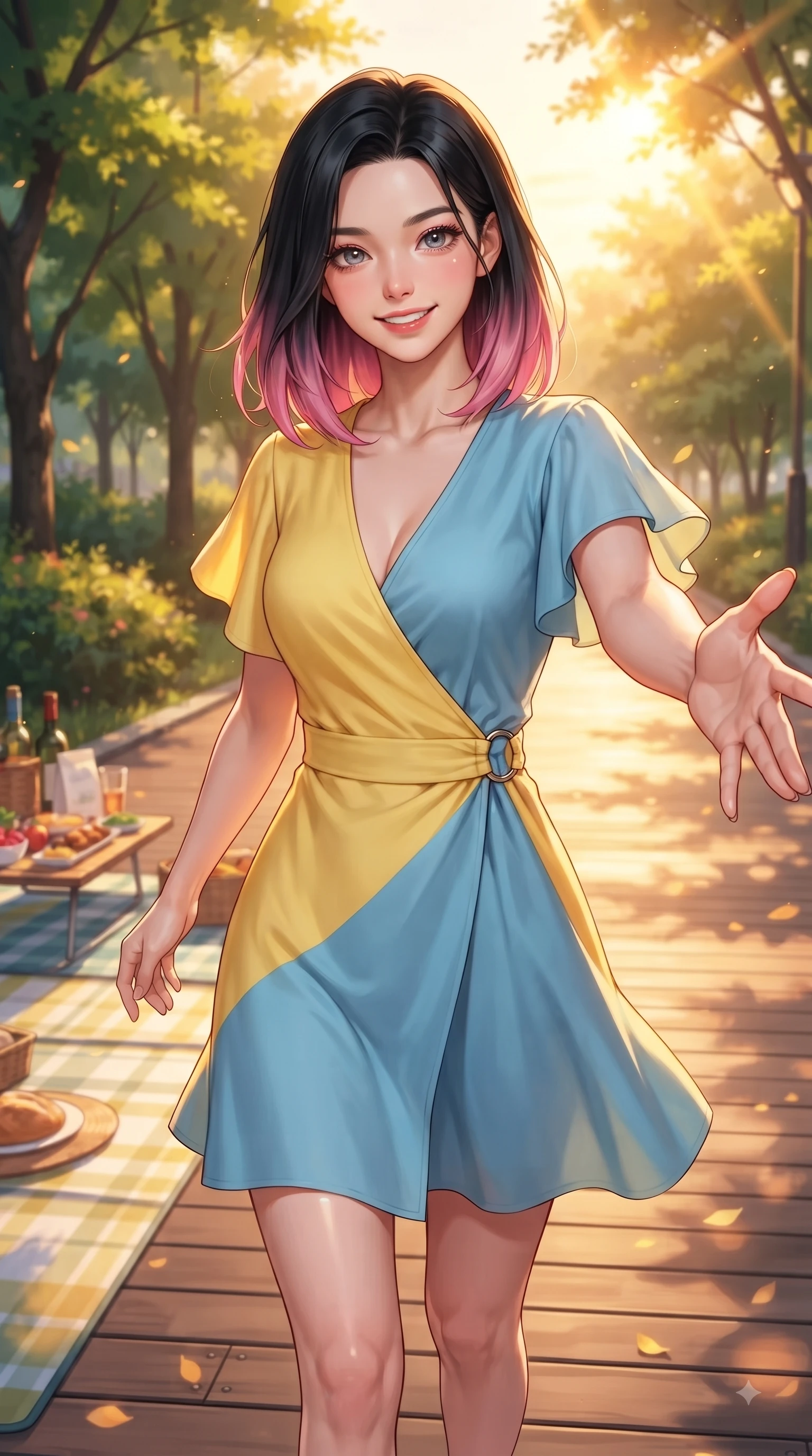 score_9, masterpiece, best quality, ultra-detailed, high-budget anime keyframe, editorial fashion photography, tasteful artistic composition, Korean woman. close-up cowboy shot from the waist and thighs up, the character dominates the composition, filling the frame with her large presence. Fresh enchanting smile, her eyes twinkling like jewels in the bright sunlight as one arm reaches out cheerfully while walking cheerfully along a park pathway bordered by swaying grass as sunset light paints the sky. The surrounding environment is rendered in vivid detail and crisp panoramic clarity. lush picnic mat setups, park foliage, and wooden promenade planks rendered in deep focus. She has an exceptionally elegant, slender, and willowy female figure with an ultra-slim waist, a gracefully sculpted slender torso, and a refined silhouette. sharp v-shaped jawline, high-bridge nose, intricate jewel-like eyes with depth, thick eyelashes, glossy lips with a natural sheen, flawlessly proportioned anatomical accuracy, natural body alignment, perfectly sculpted elegant limbs, clean dynamic posture without body distortion. wearing an elegant V-neck silk wrap dress with fluttery short sleeves and a cinched waist in sunny canary yellow and clear sky blue, knitted from soft cozy cashmere yarn, accented with subtle metallic ring hardware framing her waist, the form-contouring material highlighting her ultra-slim waist and long lines. bathed in glorious golden hour sunset sunbeams and warm amber sky radiance. ultra-reflective glossy finish, specular highlights, metallic sheen, high-contrast stereoscopic depth, volumetric dynamic lighting, 2k, ultra detail, master piece, 9:16 ratio
