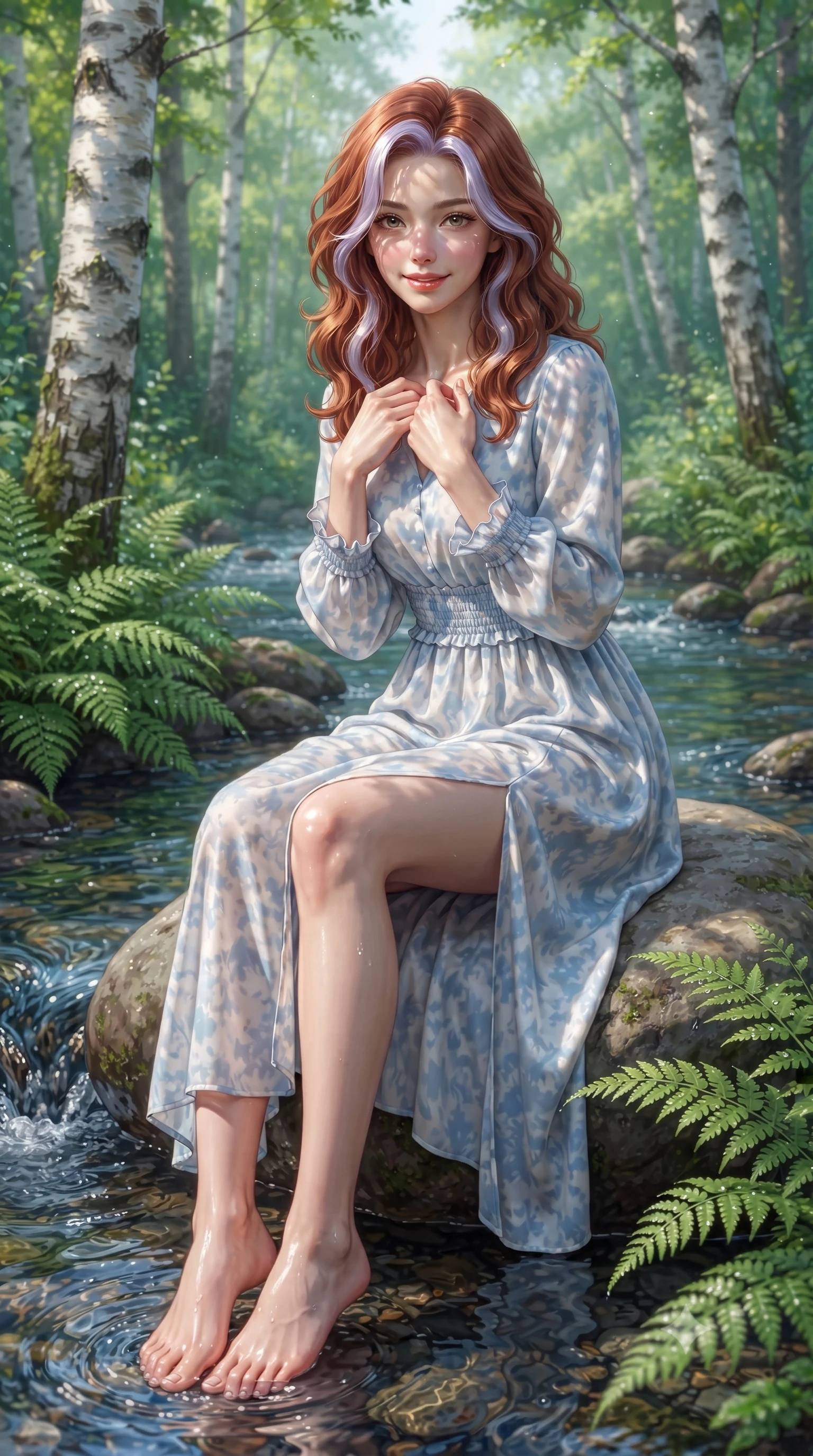 score_9, masterpiece, best quality, ultra-detailed, high-budget anime keyframe, editorial fashion photography, tasteful artistic composition, Caucasian woman. close-up cowboy shot from the waist and thighs up, the character dominates the composition, filling the frame with her large presence. holding her hands loosely near her heart with an enchanting, affectionate gaze looking directly into the lens while sitting on a smooth river stone dangling her bare feet near the sparkling water, smiling sweetly into the lens. The surrounding environment is rendered in vivid detail and crisp panoramic clarity. distinct white birch bark textures, dewdrops on emerald fern fronds, and crystal stream ripples in deep focus. She has an exceptionally elegant, slender, and willowy female figure with an ultra-slim waist, a gracefully sculpted slender torso, toned flat midriff, and a refined slim silhouette. sharp v-shaped jawline, high-bridge nose, intricate jewel-like eyes with depth, thick eyelashes, glossy lips with a natural sheen, pure and lovely fresh girlhood expression, flawlessly proportioned anatomical accuracy, strict slender model proportions, natural body alignment, perfectly sculpted long slender limbs, ultra-slim waistline, clean dynamic posture without body distortion. wearing a flowy silk-chiffon maxi dress with a gentle side slit and fluttering hemline in gentle baby blue and cloud white, made of fine lightweight chiffon with a soft fluid drape, accented with soft smocked elastic details and ruffled cuff trims, the tailored casual silhouette highlighting her fresh and youthful presence and perfectly proportioned slender frame. illuminated by soft natural dappled forest light creating playful sun patterns across her face and dress. ultra-reflective glossy finish, specular highlights, rich natural textures, high-contrast stereoscopic depth, volumetric dynamic lighting, 2k, ultra detail, master piece, 9:16 ratio