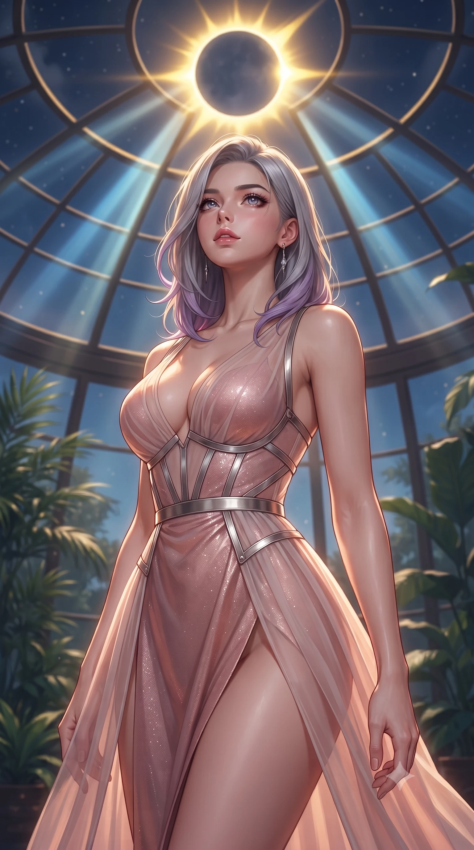 score_9, masterpiece, best quality, ultra-detailed, high-budget anime keyframe, editorial fashion photography, tasteful artistic composition, Caucasian woman. close-up cowboy shot from the waist and thighs up, the character dominates the composition, filling the frame with her large presence, background elements kept in soft focus. Tilting her chin up slightly with lips parted in a composed, magnetic expression, inside a dome solarium looking up at a total solar eclipse with a glowing golden corona, the brilliant golden corona of a solar eclipse casting sharp dramatic key rays. She has an exceptionally elegant, slender, and willowy female figure with an ultra-slim waist, a gracefully sculpted slender torso, and a refined silhouette. sharp v-shaped jawline, high-bridge nose, intricate jewel-like eyes with depth, thick eyelashes, glossy lips with a natural sheen. wearing low-cut structured bodice gown in liquid pearl with high leg slit in rose-gold pink, made of sheer opal chiffon overlay, highlighted by a platinum metallic harness structure, highlighting her statuesque proportions and ultra-slim waistline. illuminated by the radiant golden corona of a solar eclipse. highly saturated vibrant anime colors, detailed shading with soft gradients, rich glossy textures, high-contrast stereoscopic depth, volumetric dynamic lighting, master piece, 9:16 ratio