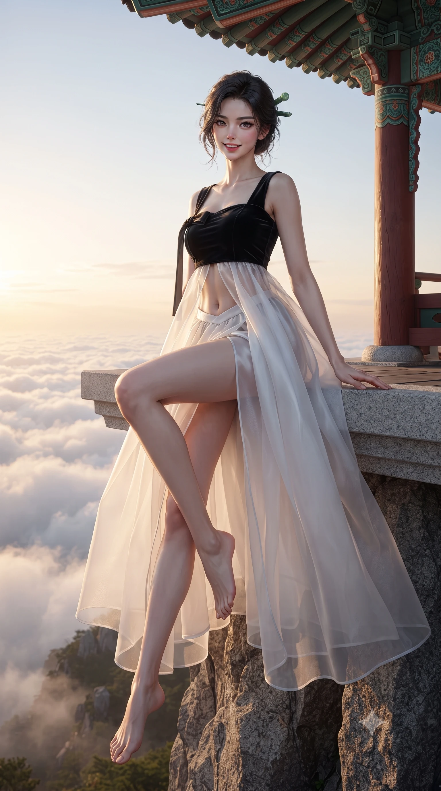 score_9, masterpiece, best quality, ultra-detailed, high-budget anime keyframe, editorial fashion photography, tasteful artistic composition, Korean woman. low angle full-body shot from head to toe showing her feet, filling the entire 9:16 vertical frame with her statuesque presence, stretching her vertical silhouette. sitting perched on the elevated pavilion terrace edge with legs crossed and hips angled toward the camera, displaying her toned midriff and long slender limbs with joyful, coquettish charm while standing poised on a sheer granite cliff ledge overlooking the rolling sea of clouds at sunrise, arching her back with breathtaking supermodel poise. The surrounding environment is rendered in vivid detail and crisp panoramic clarity: detailed flowing silk gown weave, morning sunlight glints on skin, and UNESCO mountain landscape clarity in high resolution. She has an absolutely perfect, statuesque 8.5-heads proportion, an exceptionally tall and slender model-like female figure with impossibly long slender legs, an ultra-slim waist, a flat toned midriff, narrow delicate ribcage, and beautifully sculpted feminine hips creating a graceful, slim hourglass silhouette without any bulky heaviness. sharp v-shaped jawline, high-bridge nose, intricate jewel-like dark sparkling almond eyes with depth, thick lashes, glossy parted lips with a natural rose-plum sheen, bright alluring and coquettish smile with bedroom-eyes, exuding both timeless oriental elegance and sovereign high-fashion allure, flawlessly proportioned anatomical accuracy, strict slender model proportions, natural body alignment, perfectly sculpted long slender limbs, ultra-slim waistline, clean dynamic posture without body distortion. wearing a modern fusion hanbok dress with a structured velvet bodice and cascading sheer ombre organza skirt with front slit in stark monochrome black and white ink contrast, crafted from heavy fluid silk satin with a liquid mirror-like sheen, featuring a modern sculptural jade hair pin securing her loose silky updo, the form-fitting tailored bodice adhering flawlessly to her sculpted flat midriff and slender torso, emphasizing her long leg lines and perfectly proportioned willowy build. illuminated by white cloud bounce fill and sharp warm-gold rim lighting sculpting her razor-sharp jawline, narrow waist, and curvy hips. ultra-reflective glossy finish, specular highlights, rich textural contrasts, high-contrast stereoscopic depth, volumetric dynamic lighting, 2k, ultra detail, master piece, 9:16 ratio