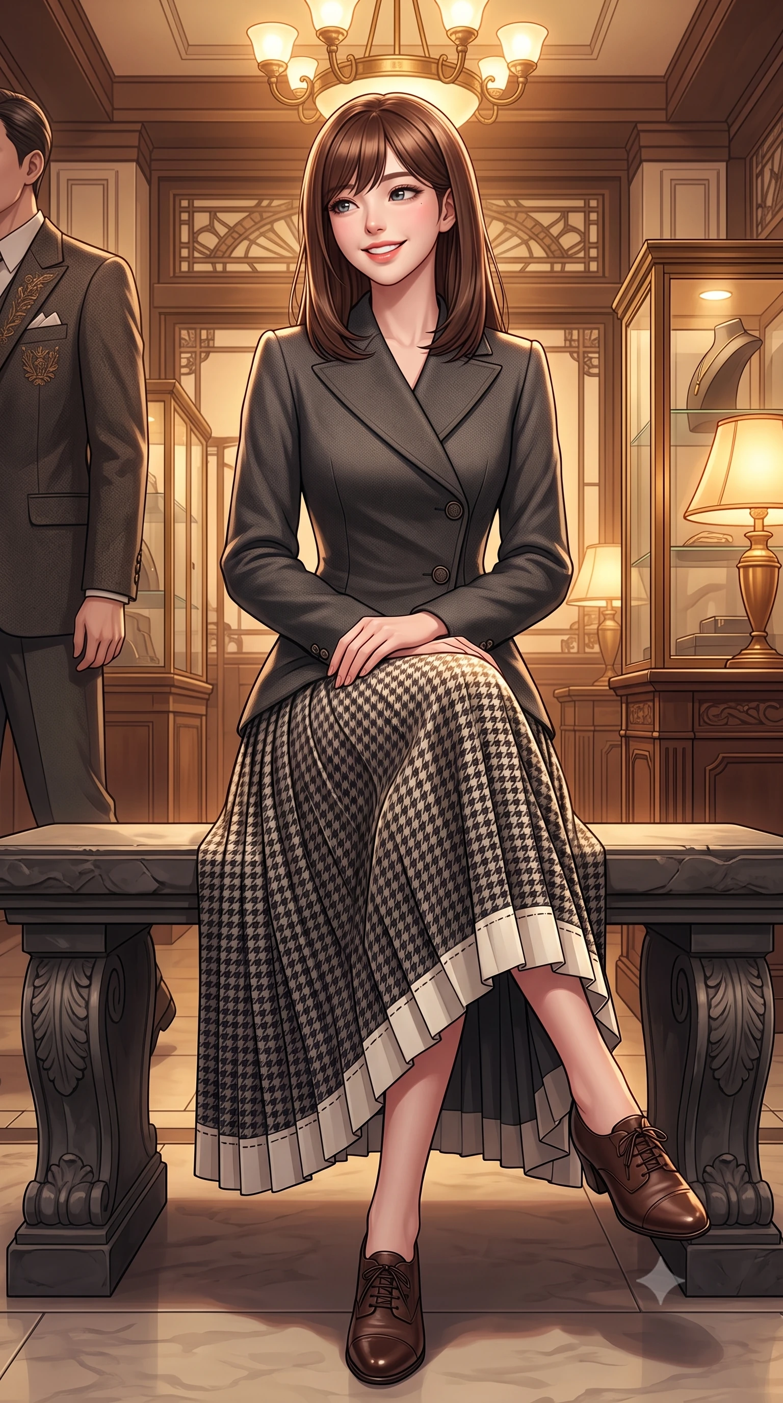 score_9, masterpiece, best quality, ultra-detailed, high-budget anime keyframe, semi-realistic 3D game render, editorial fashion photography, tasteful artistic composition, Korean woman. low angle full-body shot from head to toe showing her feet, filling the entire 9:16 vertical frame with her statuesque presence, stretching her vertical silhouette. sitting gracefully on the carved stone bench with legs crossed at the ankles, hands resting gently in her lap with noble poise while walking through the 1920s-inspired Ginza salon past brass-framed vitrines, turning with magnetic cosmopolitan charm. The surrounding environment is rendered in vivid detail and crisp panoramic clarity: detailed embroidered wool blazer lapels, tailored cigarette trousers, and Taisho-modernist architectural craftsmanship in razor-sharp precision. She has an exceptionally tall and slender model-like 8.5-heads proportion, an ultra-slim waist, a flat toned midriff, narrow delicate ribcage, and beautifully sculpted feminine hips creating a graceful, slim hourglass silhouette without any bulky heaviness, with impossibly long slender legs. sharp v-shaped jawline, high-bridge nose, intricate jewel-like sparkling eyes with depth, thick eyelashes, glossy parted lips with a natural peach sheen, bright cheerful beaming smile with an enchanting and coquettish sensual glint, exuding both youthful cute charm and seductive allure, flawlessly proportioned anatomical accuracy, strict slender model proportions, natural body alignment, perfectly sculpted long slender limbs, ultra-slim waistline, clean dynamic posture without body distortion. wearing an asymmetrical-wrap tailored wool jacket with clean geometric lines paired with a structured pleated maxi skirt in classic Savile Row charcoal houndstooth and crisp ivory, crafted from ultra-soft Mongolian cashmere with exquisite insulating warmth and tactile softness, featuring delicate tonal horn buttons and meticulous hand-stitched pick-lapel borders, the streamlined silhouette following her natural slender proportions with sophisticated poise, enhancing her tall willowy presence. bathed in warm 2900K incandescent amber illumination from authentic Art Deco brass chandeliers and table lamps. highly saturated vibrant anime colors, detailed shading with soft gradients, rich glossy textures, high-contrast stereoscopic depth, volumetric dynamic lighting, master piece, 9:16 ratio