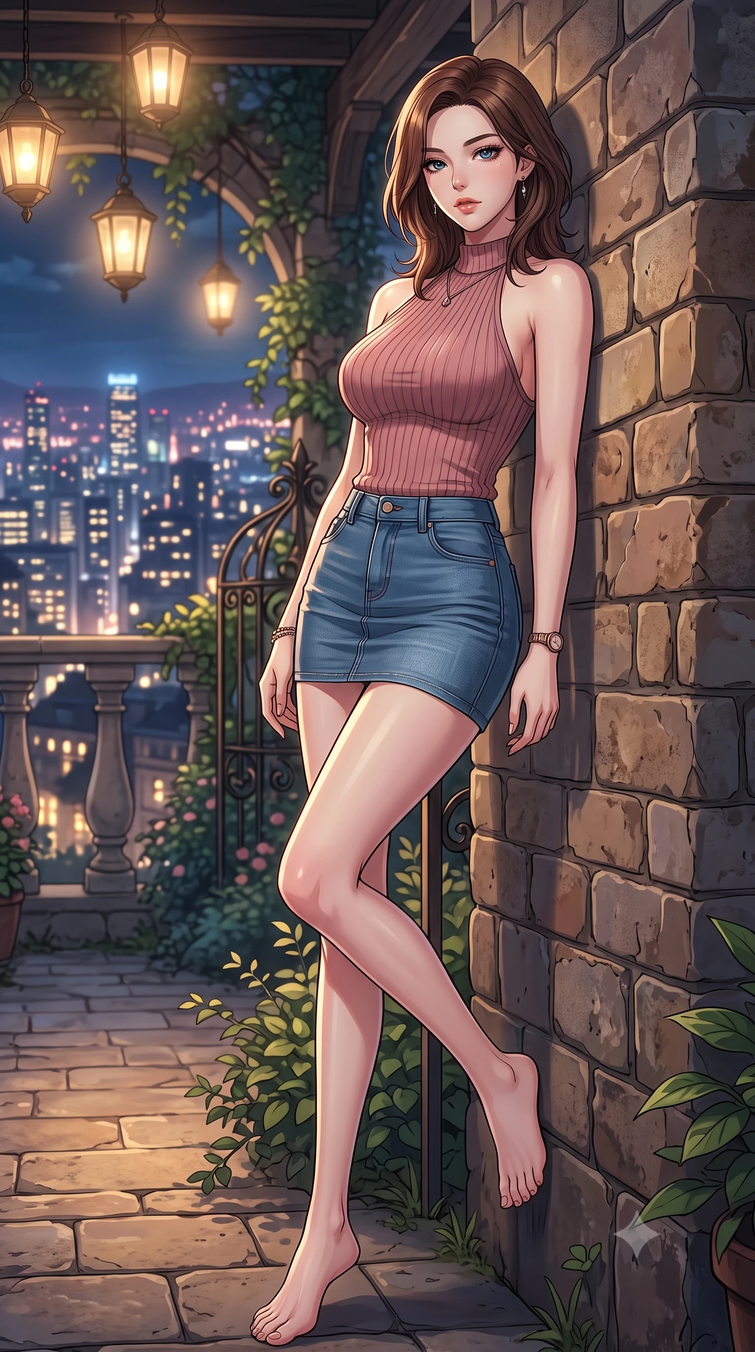 score_9, masterpiece, best quality, ultra-detailed, high-budget anime keyframe, tasteful artistic composition, Korean woman. low angle full-body shot from head to toe showing her feet, filling the entire 9:16 vertical frame with her statuesque presence, stretching her vertical silhouette. leaning back against a rustic stone wall, casting a slow, alluring gaze at the camera the background shows a soft-focus a secluded rooftop garden veranda at a historic estate overlooking city lights. She has an absolutely perfect, statuesque 8.5-heads proportion, an exceptionally tall and slender model-like female figure with impossibly long slender legs and an ultra-slim waist. sharp v-shaped jawline, high-bridge nose, intricate jewel-like eyes with depth, thick eyelashes, glossy lips with a natural sheen. wearing a form-contouring form-fitting ribbed knit halter top in dusty rose, paired with a tight-fitting denim skirt. soft ambient city glow contrasting with the warm light of hanging lanterns. highly saturated vibrant anime colors, cel-shading, 2d style, master piece, 9:16 ratio