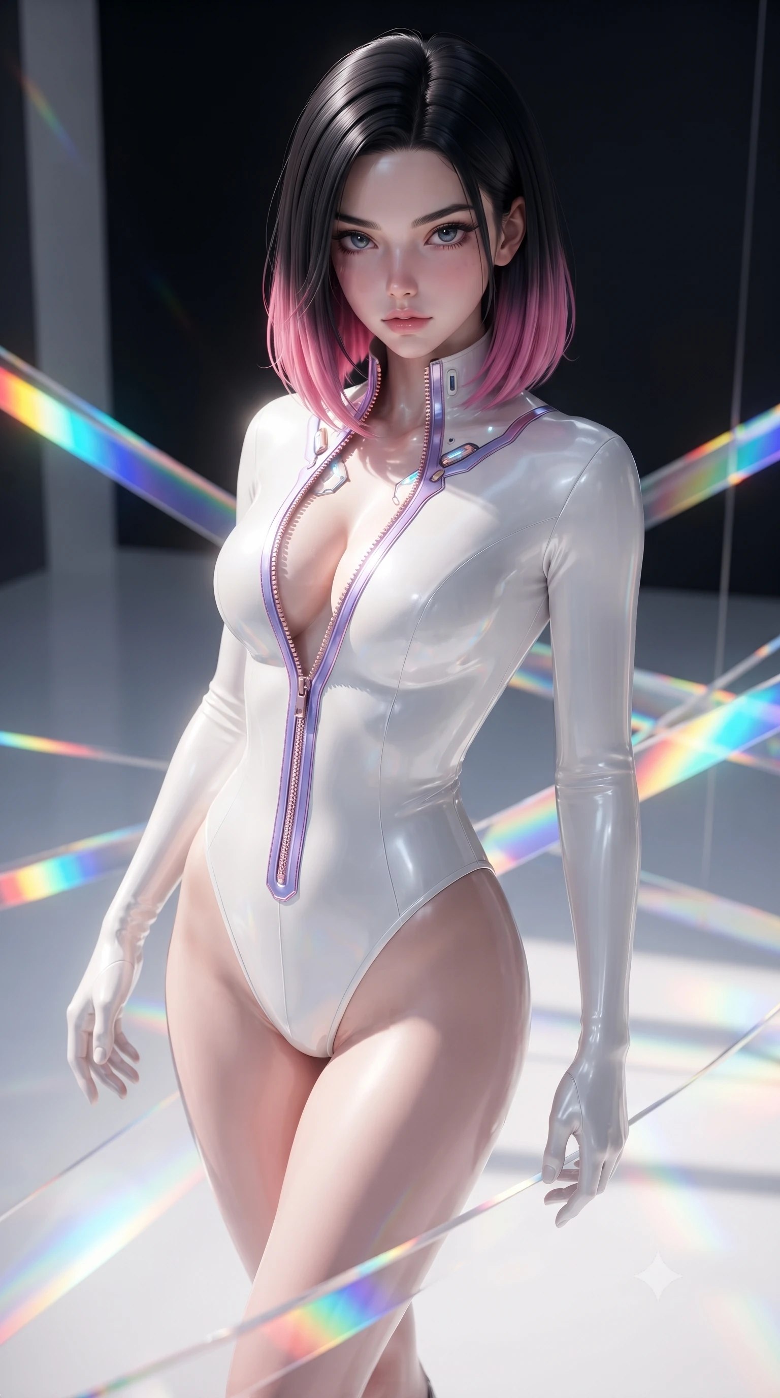 score_9, masterpiece, best quality, ultra-detailed, high-budget anime keyframe, editorial fashion photography, tasteful artistic composition, Korean woman. close-up cowboy shot from the waist and thighs up, the character dominates the composition, filling the frame with her large presence. gazing directly into the lens with bedroom eyes and a breathtaking, dangerous allure that commands the entire composition while pivoting dynamically on a white epoxy floor as vibrant spectrum light bands wrap around her slender figure. The surrounding environment is rendered in vivid detail and crisp panoramic clarity. razor-sharp optical crystal prism facets, distinct rainbow light band borders, and white gallery floor in deep focus. She has an exceptionally elegant, slender, and willowy female figure with an ultra-slim waist, a gracefully sculpted slender torso, toned flat midriff, and a refined slim silhouette. sharp v-shaped jawline, high-bridge nose, intricate jewel-like eyes with depth, thick eyelashes, glossy lips with a natural sheen, flawlessly proportioned anatomical accuracy, strict slender model proportions, natural body alignment, perfectly sculpted long slender limbs, ultra-slim waistline, clean dynamic posture without body distortion. wearing a glossy white second-skin latex bodysuit with high-thigh cuts, exposed clavicle neckline, and gleaming zipper details in luminous lavender violet and rose gold, crafted from ultra-reflective second-skin latex with a high-gloss glass-like polish, featuring a dangerously unzipped neckline framed by glowing cybernetic accents, the glove-like aerodynamic second-skin fit tightly clinging to her ultra-slender waist and athletic curves without adding bulk, accentuating her razor-sharp statuesque lines and slim hourglass silhouette. bathed in brilliant natural white daylight intersected by vivid saturated rainbow prism beams. ultra-reflective glossy finish, specular highlights, metallic sheen, high-contrast stereoscopic depth, volumetric dynamic lighting, 2k, ultra detail, master piece, 9:16 ratio