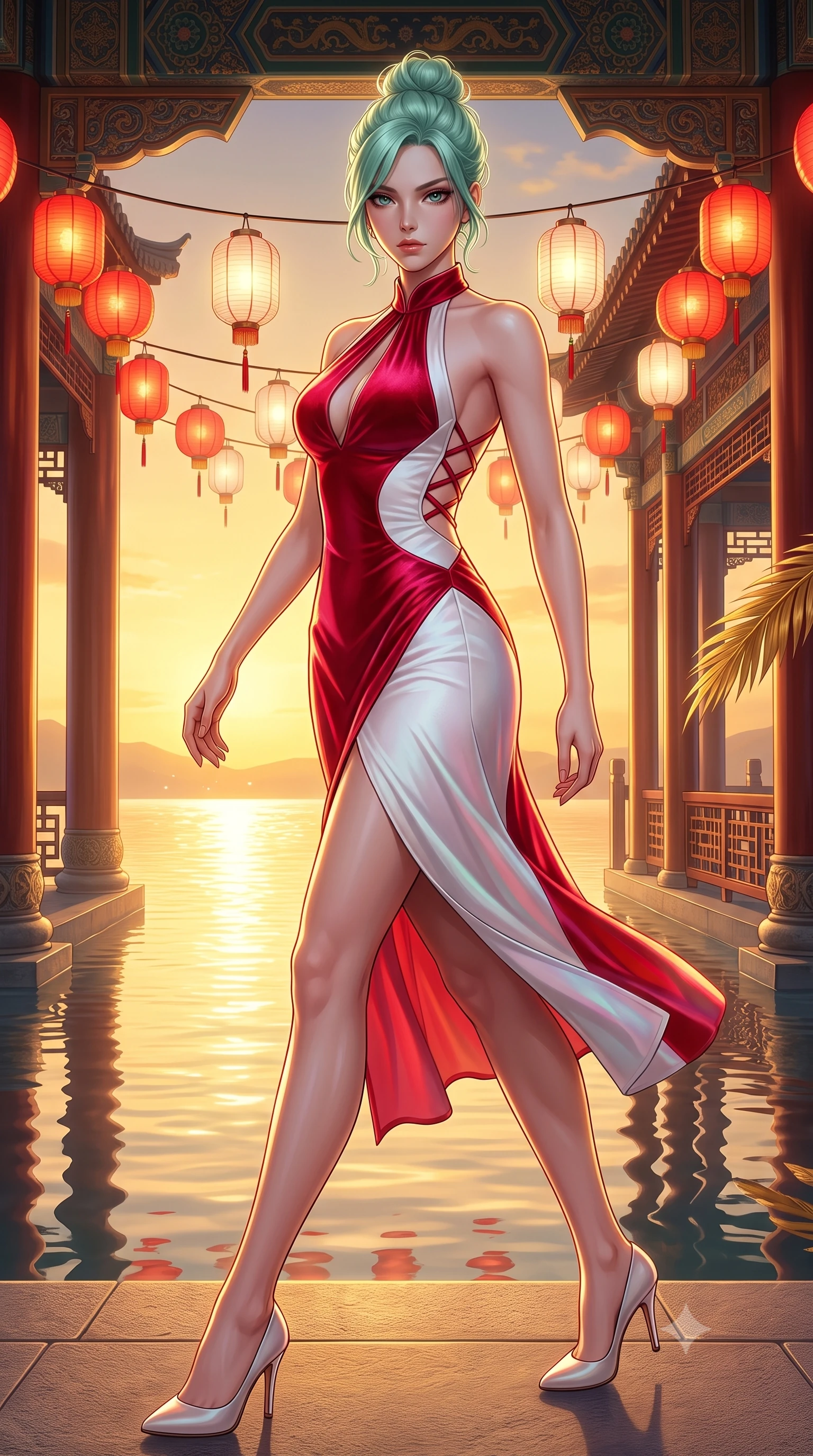 score_9, masterpiece, best quality, ultra-detailed, high-budget anime keyframe, semi-realistic 3D game render, editorial fashion photography, tasteful artistic composition, Japanese woman. low angle full-body shot from head to toe showing her feet, filling the entire 9:16 vertical frame with her statuesque presence, stretching her vertical silhouette. striding forward in a proud, statuesque motion with a dangerous smolder, her vertical silhouette dominating the frame from head to toe while stepping along an open-air palace colonnade overlooking a glowing lantern-lit imperial lake at golden hour. The surrounding environment is rendered in vivid detail and crisp panoramic clarity. sharp golden feather barbules, glowing paper lantern details, and lake water reflections in high clarity. She has an absolutely perfect, statuesque 8.5-heads proportion, an exceptionally tall and slender model-like female figure with impossibly long slender legs, a toned flat midriff, and an ultra-slim waist. sharp v-shaped jawline, high-bridge nose, intricate jewel-like eyes with depth, thick eyelashes, glossy lips with a natural sheen, flawlessly proportioned anatomical accuracy, strict slender model proportions, natural body alignment, perfectly sculpted long slender limbs, ultra-slim waistline, clean dynamic posture without body distortion. wearing a velvet halter-neck midi dress fitting her statuesque contour flawlessly with a Tasteful chest slit and open spine in radiant crimson silk and crisp snow white, made of smooth iridescent silk chiffon that shifts colors with movement, complemented by criss-cross back straps highlighting her completely bare spine, the sleek second-skin cut tightly hugging her graceful clavicle, narrow waist, and feminine curves with athletic precision. illuminated by crisp gold rim highlights sharply defining her ultra-slim waist and long legs. highly saturated vibrant anime colors, detailed shading with soft gradients, rich glossy textures, high-contrast stereoscopic depth, volumetric dynamic lighting, master piece, 9:16 ratio