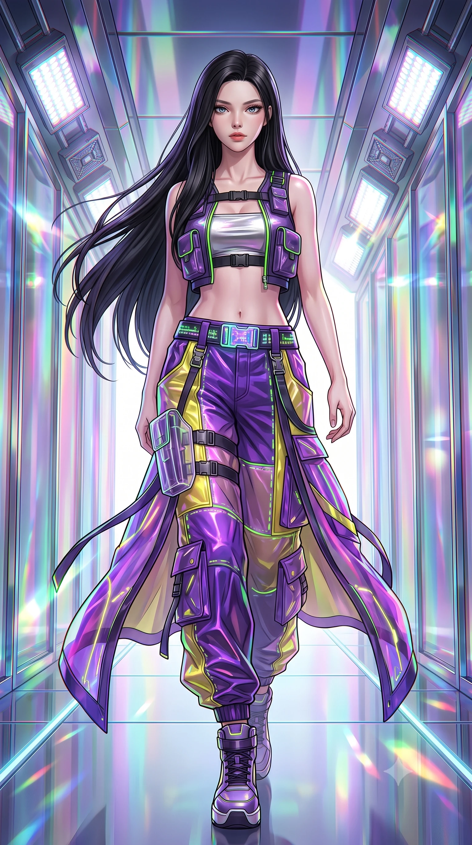 score_9, masterpiece, best quality, ultra-detailed, high-budget anime keyframe, semi-realistic 3D game render, editorial fashion photography, tasteful artistic composition, Korean woman. low angle full-body shot from head to toe showing her feet, filling the entire 9:16 vertical frame with her statuesque presence, stretching her vertical silhouette. striding forward in a proud, dynamic supermodel runway stride, her statuesque vertical silhouette commanding the entire frame while walking through a tunnel of pulsing chromatic light curtains with effortless high-fashion runway poise. The surrounding environment is rendered in vivid detail and crisp panoramic clarity. detailed metallic fabric reflections, chromatic aberration rings, and geometric light fixtures in high clarity. She has an absolutely perfect, statuesque 8.5-heads proportion, an exceptionally tall and slender model-like female figure with impossibly long slender legs, a toned flat midriff, and an ultra-slim waist. sharp v-shaped jawline, high-bridge nose, intricate jewel-like eyes with depth, thick eyelashes, glossy lips with a natural sheen, captivating and magnetic expression, flawlessly proportioned anatomical accuracy, strict slender model proportions, natural body alignment, perfectly sculpted long slender limbs, ultra-slim waistline, clean dynamic posture without body distortion. wearing a cropped tech-harness utility vest worn over a silver reflective bandeau top and baggy cargo pants in toxic ultraviolet purple and hazard yellow accents, made of semi-translucent cybernetic vinyl with glowing micro-filaments, complemented by a neon LED belt buckle and translucent vinyl holster, the breezy yet form-flattering drape swaying gracefully with her steps, accentuating her long willowy limbs and slim waistline. bathed in dynamic color-shifting LED ambient illumination and pure white spotlight fill. highly saturated vibrant anime colors, detailed shading with soft gradients, rich glossy textures, high-contrast stereoscopic depth, volumetric dynamic lighting, master piece, 9:16 ratio