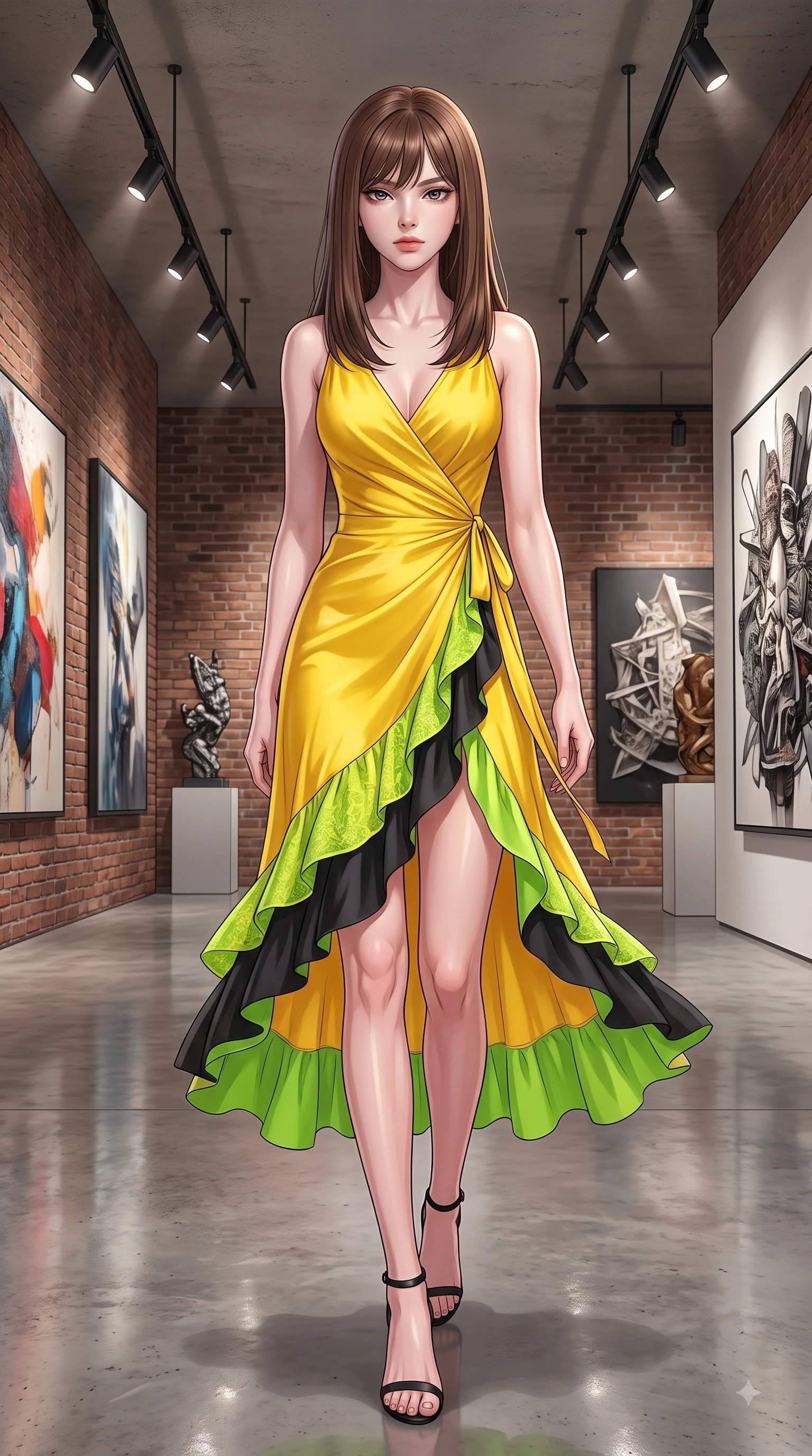 score_9, masterpiece, best quality, ultra-detailed, high-budget anime keyframe, editorial fashion photography, tasteful artistic composition, Korean woman. low angle full-body shot from head to toe showing her feet, filling the entire 9:16 vertical frame with her statuesque presence, stretching her vertical silhouette. Cool disdainful expression looking past the camera with effortless superiority and a stoic facial line while stepping along a polished concrete gallery hall under sleek overhead gallery spotlights. The surrounding environment is rendered in vivid detail and crisp panoramic clarity. raw exposed brick walls, polished concrete floors, and detailed gallery artwork in high clarity. She has an absolutely perfect, statuesque 8.5-heads proportion, an exceptionally tall and slender model-like female figure with impossibly long slender legs and an ultra-slim waist. sharp v-shaped jawline, high-bridge nose, intricate jewel-like eyes with depth, thick eyelashes, glossy lips with a natural sheen, flawlessly proportioned anatomical accuracy, natural body alignment, perfectly sculpted elegant limbs, clean dynamic posture without body distortion. wearing a cheerful sunflower yellow silk wrap dress with fluttery ruffle hems in bright lime green and sleek jet black, made of fine lace weave and soft satin jersey, finished with a sleek side slit ascending to mid-thigh, the fluid drape swaying gracefully with her dynamic editorial movement. illuminated by crisp gallery spotlights and rich mahogany ambient glow. highly saturated vibrant anime colors, detailed shading with soft gradients, rich glossy textures, high-contrast stereoscopic depth, volumetric dynamic lighting, master piece, 9:16 ratio