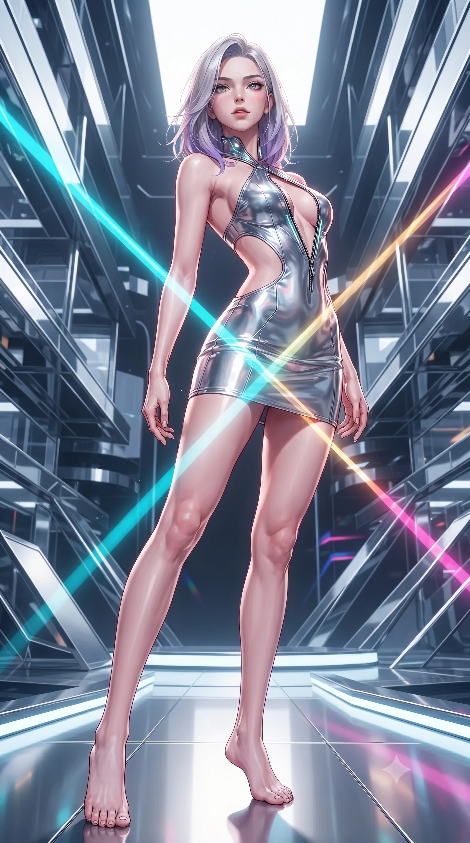 score_9, masterpiece, best quality, ultra-detailed, high-budget anime keyframe, editorial fashion photography, tasteful artistic composition, Caucasian woman. low angle full-body shot from head to toe showing her feet, filling the entire 9:16 vertical frame with her statuesque presence, stretching her vertical silhouette. arching her back in a fluid zero-gravity turn with sovereign grace, her long slender legs and sculpted torso creating a sweeping line while twisting her upper body in an alluring pose as prismatically refracted neon light beams criss-cross her silhouette. The surrounding environment is rendered in vivid detail and crisp panoramic clarity. high-contrast luxury editorial fashion runway architecture rendered with environmental sharpness. She has an absolutely perfect, statuesque 8.5-heads proportion, an exceptionally tall and slender model-like female figure with impossibly long slender legs and an ultra-slim waist. sharp v-shaped jawline, high-bridge nose, intricate jewel-like eyes with depth, thick eyelashes, glossy lips with a natural sheen, flawlessly proportioned anatomical accuracy, natural body alignment, perfectly sculpted elegant limbs, clean dynamic posture without body distortion. wearing a molten silver liquid-metal mini dress featuring deep side-waist cutouts and a daring crossover halter neckline in liquid mercury silver and glowing electric cyan, tailored from semi-translucent cybernetic vinyl with glowing micro-filaments, featuring a dangerously unzipped neckline framed by glowing cybernetic accents, the daring cutouts accentuating her delicate midriff, graceful collarbones, and feminine contour. surrounded by a hyper-luxurious, futuristic, and fiercely glamorous fashion editorial aura. ultra-reflective glossy finish, specular highlights, metallic sheen, high-contrast stereoscopic depth, volumetric dynamic lighting, 2k, ultra detail, master piece, 9:16 ratio