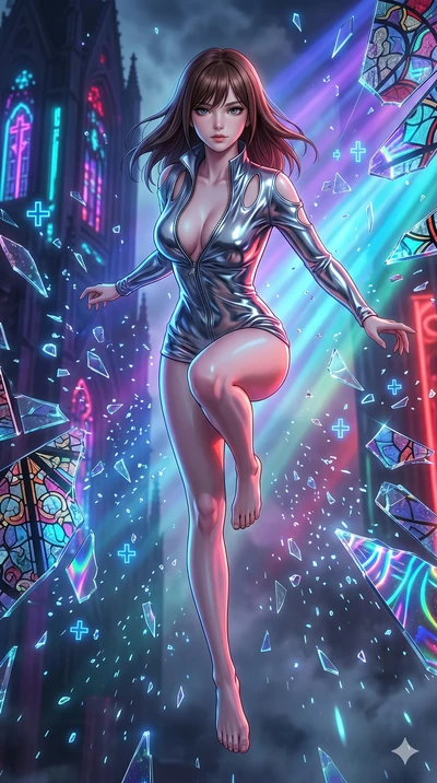 score_9, masterpiece, best quality, ultra-detailed, high-budget anime keyframe, Korean woman. Upper body close-up from the thighs up, character filling the screen for maximum presence. She is leaping through shattered stained glass of a neon-lit futu
