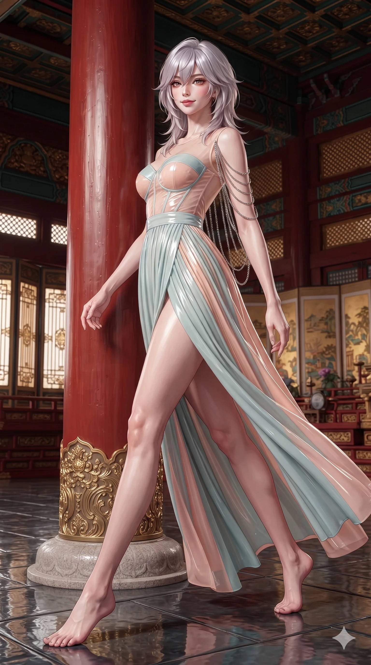 score_9, masterpiece, best quality, ultra-detailed, high-budget anime keyframe, editorial fashion photography, tasteful artistic composition, Japanese woman. low angle full-body shot from head to toe showing her feet, filling the entire 9:16 vertical frame with her statuesque presence, stretching her vertical silhouette. stepping forward in a confident stride, her long slender legs and curvaceous hips creating a dynamic, sweeping vertical line while leaning back against the red lacquer pillar with hips cocked back, looking through dark curled eyelashes with an enchanting, coquettish smile. The surrounding environment is rendered in vivid detail and crisp panoramic clarity: detailed fusion hanbok bustier tailoring, micro-pleated skirt drape, and palace architecture in razor-sharp clarity. She has an absolutely perfect, statuesque 8.5-heads proportion, an exceptionally tall and slender model-like female figure with impossibly long slender legs, an ultra-slim waist, a flat toned midriff, narrow delicate ribcage, and beautifully sculpted feminine hips creating a graceful, slim hourglass silhouette without any bulky heaviness. sharp v-shaped jawline, high-bridge nose, sparkling eyes with hypnotic seductive depth, thick curled eyelashes, glossy parted lips with a natural dewy peach sheen, alluring bedroom-eyes with an enchanting coquettish smile, exuding magnetic siren charisma and sophisticated glamour, flawlessly proportioned anatomical accuracy, strict slender model proportions, natural body alignment, perfectly sculpted long slender limbs, ultra-slim waistline, clean dynamic posture without body distortion. wearing a sheer-illusion mesh corset gown with strategic opaque velvet hanbok panels framing her waist and hips in pastel peach blossom and celadon porcelain blue, crafted from wet-look high-gloss vinyl fabric with dazzling specular surface reflections, accented with an open-back drape framed by falling strands of delicate chrome chains, the bespoke structured tailoring following the natural line of her 8.5-heads silhouette with refined elegance. illuminated by dark water reflection bounce and sharp silver-rose rim lights defining her razor-sharp jawline, narrow waist, and curvy hips. ultra-reflective glossy finish, specular highlights, rich textural contrasts, high-contrast stereoscopic depth, volumetric dynamic lighting, 2k, ultra detail, master piece, 9:16 ratio