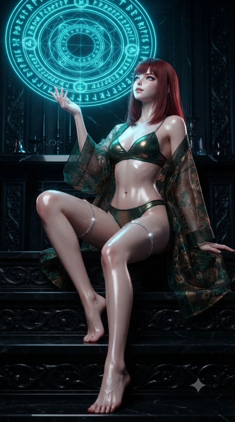 score_9, masterpiece, best quality, ultra-detailed, high-budget anime keyframe, editorial fashion photography, tasteful artistic composition, Caucasian woman. low angle full-body shot from head to toe showing her feet, filling the entire 9:16 vertical frame with her statuesque presence, stretching her vertical silhouette. sitting poised on the dark stone steps with one knee bent, arching her spine with supermodel elegance as she glances upward through thick eyelashes while standing before a glowing holographic ritual circle projecting runic script onto cold air, arching her spine with ethereal occult siren poise. The surrounding environment is rendered in vivid detail and crisp panoramic clarity: sharp holographic light beam resolution, carved obsidian pillar chiseling, and polished black glass altar top in deep focus. She has an absolutely perfect, statuesque 8.5-heads proportion, an exceptionally tall and slender model-like female figure with impossibly long slender legs, an ultra-slim waist, a flat toned midriff, narrow delicate ribcage, and beautifully sculpted feminine hips creating a graceful, slim hourglass silhouette without any bulky heaviness. sharp v-shaped jawline, high-bridge nose, intricate jewel-like dark sparkling eyes with hypnotic seductive depth, thick curled eyelashes, glossy parted lips with a natural wine sheen, alluring bedroom-eyes with an enigmatic smoldering smile, exuding magnetic sovereign charisma and dark avant-garde glamour, flawlessly proportioned anatomical accuracy, strict slender model proportions, natural body alignment, perfectly sculpted long slender limbs, ultra-slim waistline, clean dynamic posture without body distortion. wearing a sheer gossamer organza evening kimono slipping off bare shoulders over a matching satin micro-bralette and briefs in dark emerald green and antique bronze, crafted from stretch micro-mesh with metallic foil coating that shimmers in the laser light, finished with delicate crystal-encrusted thigh garter straps glinting in the laser glare, accentuating her gracefully sculpted slender torso and statuesque proportions. illuminated by intense radiant neon cyan and ultraviolet holographic projections contrasting with pitch-black stone. ultra-reflective glossy finish, specular highlights, metallic sheen, high-contrast stereoscopic depth, volumetric dynamic lighting, 2k, ultra detail, master piece, 9:16 ratio