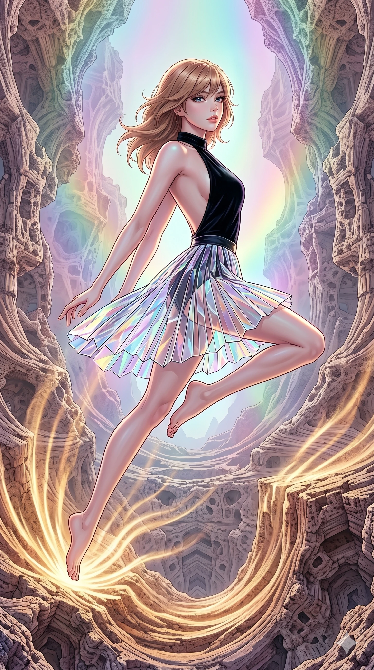 score_9, masterpiece, best quality, ultra-detailed, high-budget anime keyframe, editorial fashion photography, tasteful artistic composition, Korean woman. upper body close-up from the thighs up, character filling the screen for maximum presence. leaping upwards into in a mathematical fractal canyon where rock formations repeat infinitely as waves of warm golden light ripple outward from her steps. She has an absolutely perfect 8-heads proportion, an exceptionally tall and slender female figure with impossibly long slender legs and an ultra-slim waist. V-shaped jawline, high-bridge nose, intricate jewel-like eyes with depth, thick eyelashes, glossy lips with a natural sheen.. wearing a fractal glass pleated skirt and a open-back black velvet halter neck top, creating a dramatic and elegant silhouette. enhanced by a luminous pastel spectrum glow, casting elegant rim lights on her shoulders and jawline. 2k, ultra detail, master piece, 9:16 ratio