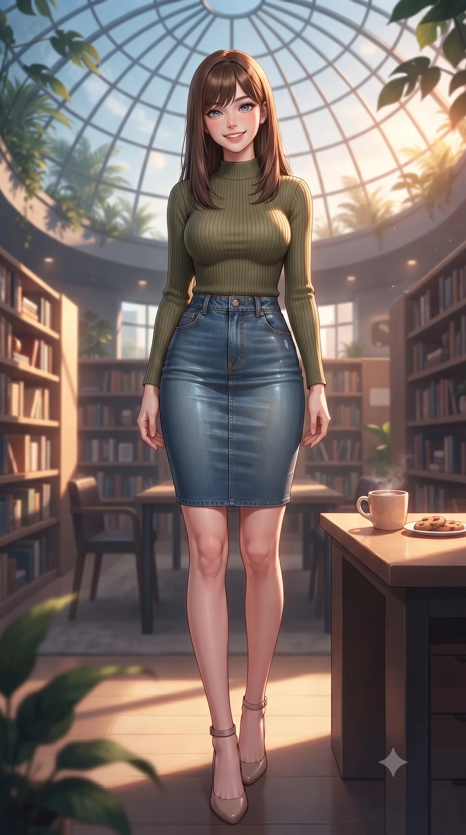 score_9, masterpiece, best quality, ultra-detailed, high-budget anime keyframe, editorial fashion photography, tasteful artistic composition, Korean woman. low angle full-body shot from head to toe showing her feet, filling the entire 9:16 vertical frame with her statuesque presence, stretching her vertical silhouette. standing with a cute, bright pose, tilting her head with a beaming smile set against a soft-focus background of inside a modern city library under a huge glass dome ceiling with leafy plants with a warm mug of cocoa and a small plate of cookies on the desk. She has an absolutely perfect, statuesque 8.5-heads proportion, an exceptionally tall and slender model-like female figure with impossibly long slender legs and an ultra-slim waist. sharp v-shaped jawline, high-bridge nose, intricate jewel-like eyes with depth, thick eyelashes, glossy lips with a natural sheen. wearing slim-fit tight-fitting ribbed sweater in olive green paired with a slim denim pencil skirt. cozy golden hour sunset light illuminating the dusty bookshelves with a warm glow. ultra-reflective glossy finish, specular highlights, metallic sheen, high-contrast stereoscopic depth, volumetric dynamic lighting, 2k, ultra detail, master piece, 9:16 ratio