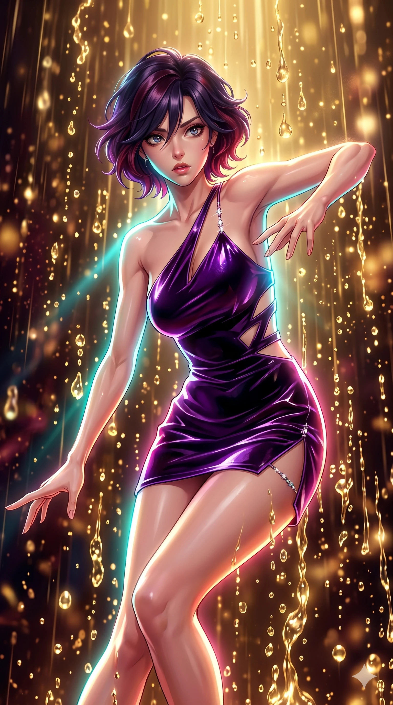 score_9, masterpiece, best quality, ultra-detailed, high-budget anime keyframe, Japanese woman. upper body close-up from the thighs up, character filling the screen for maximum presence. dodging ethereal liquid gold rain that rises upward from the ground in warm shimmering droplets under an inverted gravity field. She has an absolutely perfect 8-heads proportion, an exceptionally tall and slender female figure with impossibly long slender legs and an ultra-slim waist. V-shaped jawline, high-bridge nose, intricate jewel-like eyes with depth, thick eyelashes, glossy lips with a natural sheen.. wearing an asymmetric liquid velvet slip dress, featuring a high-gloss deep purple velvet one-shoulder mini slip with angular architectural cutouts. bathed in brilliant cinematic volumetric lighting and intense neon rim light highlighting her slender form. 2k, ultra detail, master piece, 9:16 ratio