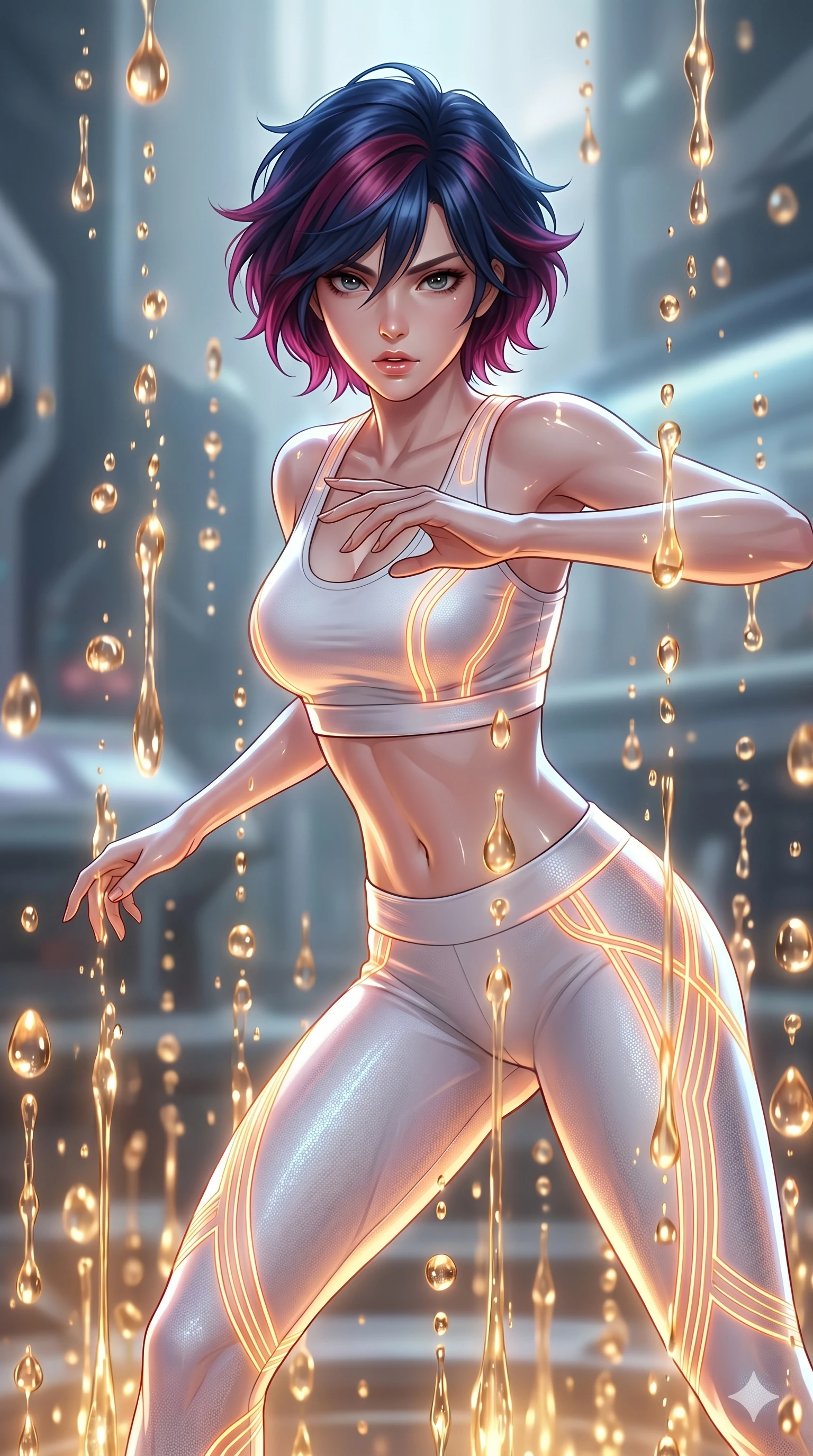 score_9, masterpiece, best quality, ultra-detailed, high-budget anime keyframe, Korean woman. upper body close-up from the thighs up, character filling the screen for maximum presence. dodging ethereal liquid gold rain that rises upward from the ground in warm shimmering droplets under an inverted gravity field. She has an absolutely perfect 8-heads proportion, an exceptionally tall and slender female figure with impossibly long slender legs and an ultra-slim waist. V-shaped jawline, high-bridge nose, intricate jewel-like eyes with depth, thick eyelashes, glossy lips with a natural sheen.. wearing a neon filament athleisure set, featuring a tight white crop top and matching leggings woven with glowing orange neon filaments, highlighting her slender body contour. lit by a soft glowing ambient light and a sharp side key light that traces the sleek contours of her athletic build. 2k, ultra detail, master piece, 9:16 ratio