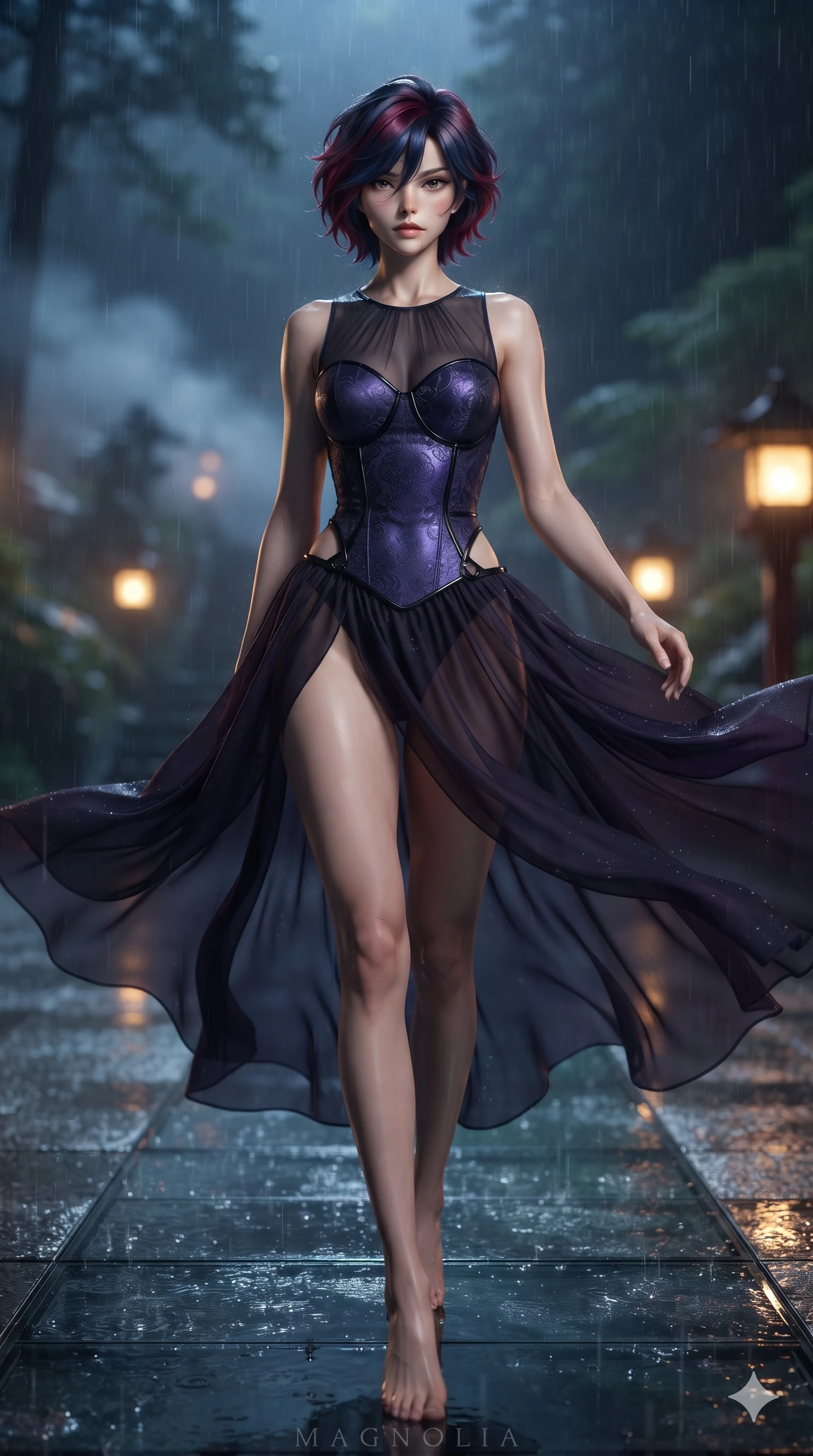 score_9, masterpiece, best quality, ultra-detailed, high-budget anime keyframe, editorial fashion photography, tasteful artistic composition, Korean woman. low angle full-body shot from head to toe showing her feet, filling the entire 9:16 vertical frame with her statuesque presence, stretching her vertical silhouette. striding across the rain-swept glass terrace, nocturnal breezes whipping her garments open to accentuate her long slender legs and curvy hips while twisting her slender torso in an alluring contrapposto stance between repeating dark pillars, golden lantern beams tracing her flat midriff and curvy hips. The background shows a soft-focus sacred Shinto mountain path softened in atmospheric nocturnal shallow focus. She has an absolutely perfect, statuesque 8.5-heads proportion, an exceptionally tall and slender model-like female figure with impossibly long slender legs, an ultra-slim waist, a flat toned midriff, narrow delicate ribcage, and beautifully sculpted feminine hips creating a graceful, slim hourglass silhouette without any bulky heaviness. sharp v-shaped jawline, high-bridge nose, intricate jewel-like dark sparkling eyes with hypnotic seductive depth, thick curled eyelashes, glossy parted lips with a natural wine sheen, alluring bedroom-eyes with an enigmatic smoldering smile, exuding magnetic sovereign charisma and dark avant-garde glamour, flawlessly proportioned anatomical accuracy, strict slender model proportions, natural body alignment, perfectly sculpted long slender limbs, ultra-slim waistline, clean dynamic posture without body distortion. wearing a semi-opaque sheer dark chiffon gown revealing a structured bodice silhouette in iridescent dark violet taffeta and midnight indigo, tailored from rich silk jacquard with subtle embossed baroque patterns, adorned with minimalist black onyx hardware framing the silhouette, the liquid-tight tailored fabric clinging flawlessly to her narrow waist and rounded feminine hips, emphasizing every millimeter of her sculpted slim hourglass curves without any bulky heaviness. illuminated by wet stone ground bounce and sharp gold-amber rim lights sculpting her razor-sharp jawline, narrow waist, and curvy hips. ultra-reflective glossy finish, specular highlights, metallic sheen, high-contrast stereoscopic depth, volumetric dynamic lighting, 2k, ultra detail, master piece, 9:16 ratio