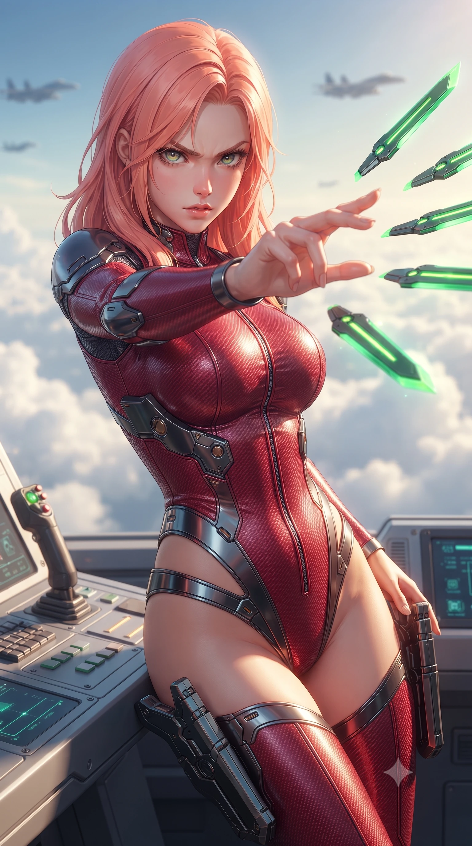 score_9, masterpiece, best quality, ultra-detailed, high-budget anime keyframe, editorial fashion photography, tasteful artistic composition, Japanese woman. close-up cowboy shot from the waist and thighs up, the character dominates the composition, filling the frame with her large presence. looking into the camera lens with intense, captivating depth, softly parted glossy lips and thick eyelashes framing her fierce battle-ready gaze while leaning against a flight control console with one hand extended, directing the floating blades with graceful finger gestures. The composition keeps background elements in soft focus with creamy bokeh. billowing white cloud seas and distant carrier escorts blurred into clean, high-key sky-blue and gold bokeh. She has an exceptionally elegant, slender, and willowy female figure with an ultra-slim waist, a gracefully sculpted slender torso, toned flat midriff, and a refined slim silhouette. sharp v-shaped jawline, high-bridge nose, intricate jewel-like eyes with depth, thick eyelashes, glossy lips with a natural sheen, flawlessly proportioned anatomical accuracy, strict slender model proportions, natural body alignment, perfectly sculpted long slender limbs, ultra-slim waistline, clean dynamic posture without body distortion. wearing a skin-tight crimson carbon-weave combat leotard with metallic dark chrome plating and hip-accentuating cutouts, holding twin glowing high-frequency vibro-blades with effortless supermodel poise in emerald green carbon composite with glowing lime laser channels, made of lightweight aerodynamic carbon-titanium alloy with polished edge bevels, detailed with magnetic weapon holsters and polished chrome connection clasps, the liquid-tight tailored fabric emphasizing every curve of her tall, slender model proportions and sculptured silhouette during dynamic movement. surrounded by an elevated, supreme, and radiantly commanding aerospace goddess aura. ultra-reflective glossy finish, specular highlights, dark metallic sheen, high-contrast stereoscopic depth, volumetric dynamic lighting, 2k, ultra detail, master piece, 9:16 ratio