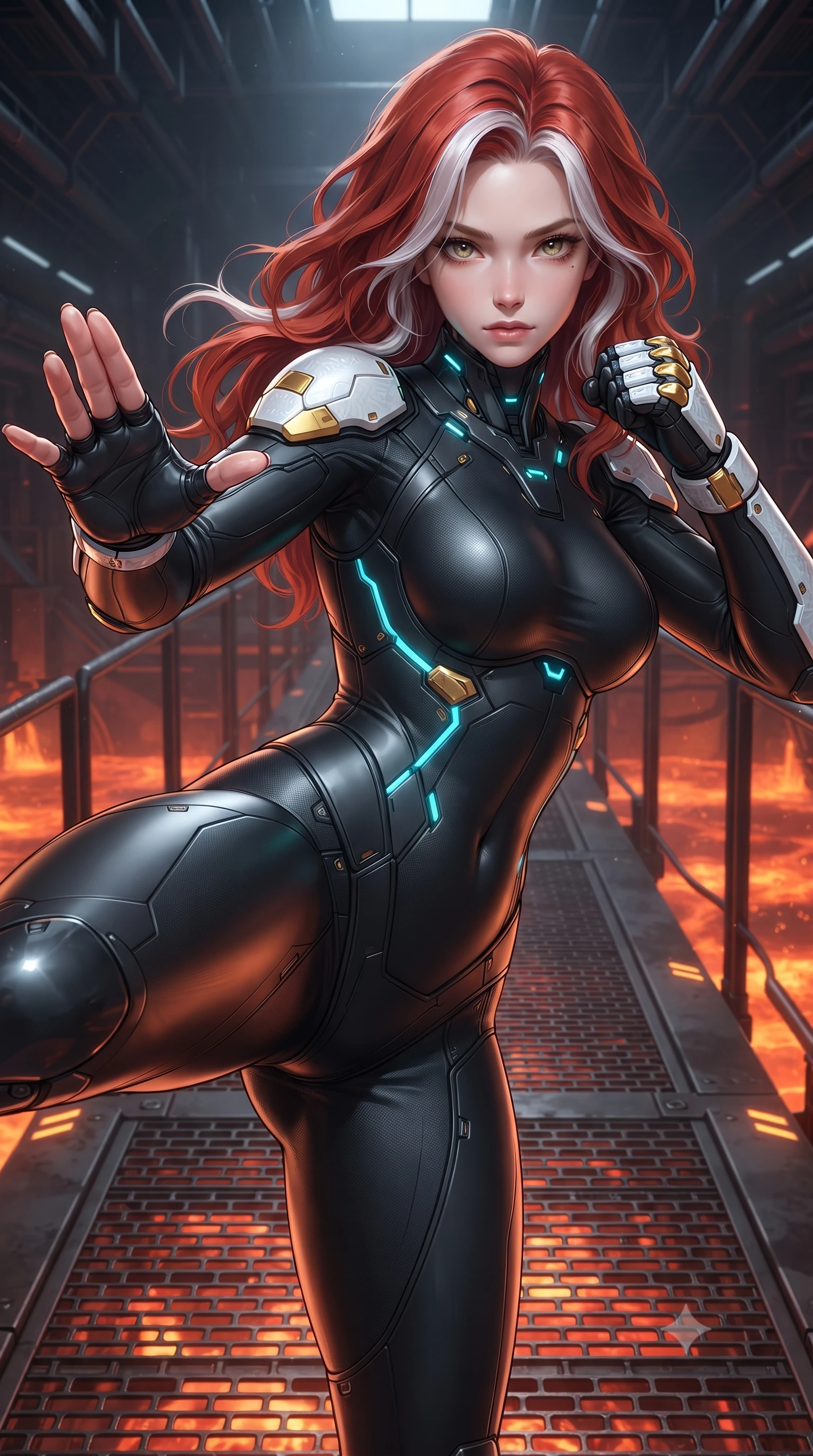 score_9, masterpiece, best quality, ultra-detailed, high-budget anime keyframe, editorial fashion photography, tasteful artistic composition, Caucasian woman. close-up cowboy shot from the waist and thighs up, the character dominates the composition, filling the frame with her large presence. in a razor-sharp Panzer Kunst fighting guard, one hand extended with palm open in fluid kinetic tension, captivating jewel-like eyes locked onto the viewer with dangerous focus while executing a high-speed rotational low sweep kick along a steel catwalk suspended above rivers of glowing geothermal magma. The surrounding environment is rendered in vivid detail and crisp panoramic clarity. sharp heat-resistant carbon armor plate seams, glowing amber joint LED channels, and iron grating in deep focus. She has an exceptionally elegant, slender, and willowy female figure with an ultra-slim waist, a gracefully sculpted slender torso, toned flat midriff, and a refined slim silhouette. sharp v-shaped jawline, high-bridge nose, intricate jewel-like eyes with depth, thick eyelashes, glossy lips with a natural sheen, flawlessly proportioned anatomical accuracy, strict slender model proportions, natural body alignment, perfectly sculpted long slender limbs, ultra-slim waistline, clean dynamic posture without body distortion. wearing a high-mobility matte-black carbon-fiber combat bodysuit with glowing neon cyan kinetic conduits and Damascus-textured knuckle guards in arctic white carbon composite with radiant solar gold plating, tailored from flexible second-skin carbon-mesh that clings flawlessly to her athletic curves, featuring a sleek aerodynamic collar framed by subtle glowing cybernetic status LEDs, the form-contouring material adhering flawlessly to her sculpted flat midriff and slender torso, emphasizing her long leg lines and perfectly proportioned willowy build. illuminated by crisp specular highlights tracing her ultra-slim waist, long legs, and flat midriff. ultra-reflective glossy finish, specular highlights, dark metallic sheen, high-contrast stereoscopic depth, volumetric dynamic lighting, 2k, ultra detail, master piece, 9:16 ratio