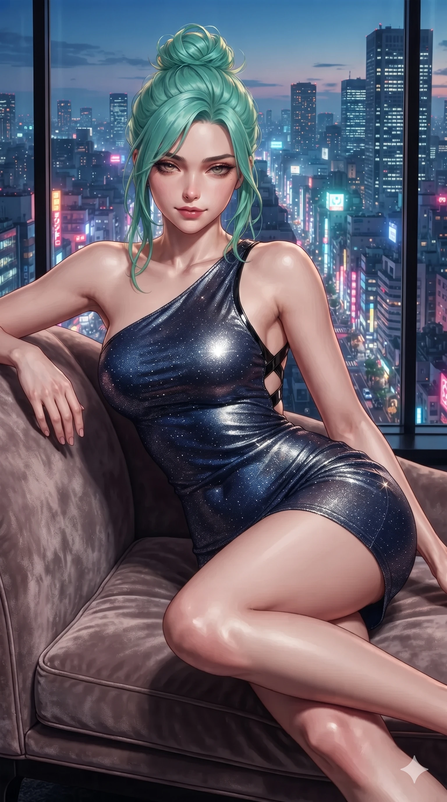score_9, masterpiece, best quality, ultra-detailed, high-budget anime keyframe, editorial fashion photography, tasteful artistic composition, Japanese woman. close-up cowboy shot from the waist and thighs up, the character dominates the composition, filling the frame with her large presence. posing in an alluring rear three-quarter angle, turning over a bare shoulder with an intoxicating, smoldering gaze, her hips cocked back to highlight her slim hourglass curve while lounging on her side propped on one elbow with legs crossed, looking directly into the camera with heavy-lidded, seductive bedroom-eyes. The surrounding environment is rendered in vivid detail and crisp panoramic clarity: detailed cropped bodice top cling, ultra-fitted leather trousers, and Tokyo megalopolis panorama in razor-sharp precision. She has an exceptionally elegant, slender, and willowy female figure with an ultra-slim waist, flat toned midriff, narrow ribcage, and sculpted feminine hips creating an alluring, slim hourglass silhouette without bulk. sharp v-shaped jawline, high-bridge nose, intricate jewel-like dark sparkling eyes with dangerous depth, thick curled eyelashes, glossy parted lips with a rich wine sheen, smoldering seductive half-smile with bedroom-eyes, exuding effortless superiority and intoxicating dark allure, flawlessly proportioned anatomical accuracy, strict slender model proportions, natural body alignment, perfectly sculpted long slender limbs, ultra-slim waistline, clean dynamic posture without body distortion. wearing an asymmetric one-shoulder liquid mercury metallic mini dress hugging her narrow waist and curvy hips in midnight sapphire navy and chrome silver, woven from metallic lurex thread casting subtle starlight glints across the fabric, featuring an open-back criss-cross harness strap in patent black leather, the form-fitting cut adhering flawlessly to her sculpted flat midriff and slender torso, emphasizing her long leg lines and perfectly proportioned willowy build. illuminated by city light haze bounce and sharp golden-amber rim lights defining her razor-sharp jawline, narrow waist, and curvy hips. ultra-reflective glossy finish, specular highlights, rich textural contrasts, high-contrast stereoscopic depth, volumetric dynamic lighting, 2k, ultra detail, master piece, 9:16 ratio