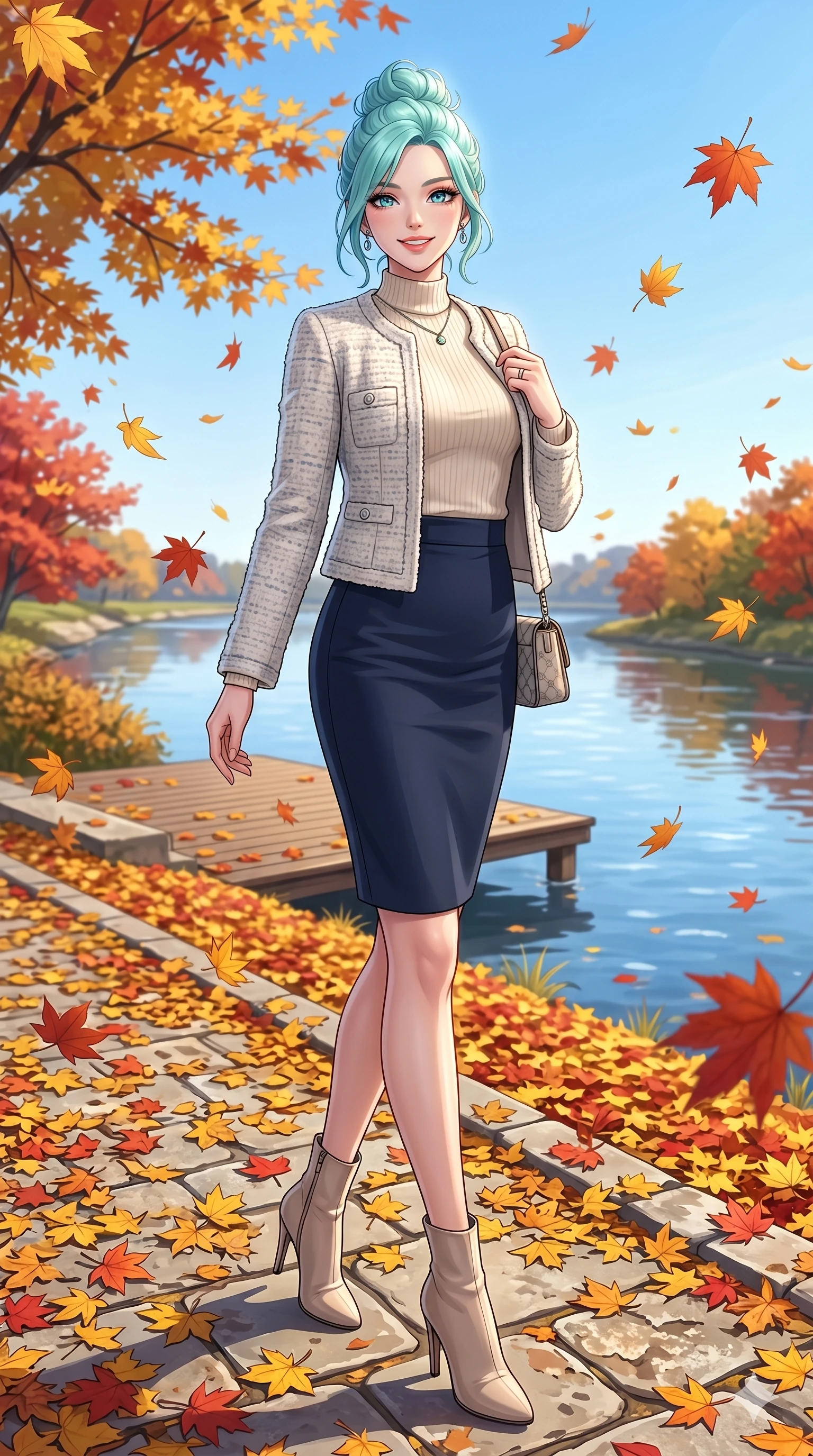 score_9, masterpiece, best quality, ultra-detailed, high-budget anime keyframe, vibrant anime aesthetic, Japanese woman. low angle full-body shot from head to toe showing her feet, filling the entire 9:16 vertical frame with her statuesque presence, stretching her vertical silhouette. She is standing in a garden path, smiling delightfully as maples fall around her by a scenic river bank deck covered in golden autumn leaves (Code-P21-027). She has an absolutely perfect 8-heads proportion, an exceptionally tall and slender female figure with impossibly long slender legs and an ultra-slim waist. V-shaped jawline, high-bridge nose, intricate jewel-like eyes with depth, thick eyelashes, glossy lips with a natural sheen. wearing a chic bouclé jacket over a high-neck top and pencil skirt in winter. She is soft glowing ambient light from a clear blue winter sky, highlighting her V-shaped jawline. 2k, ultra detail, master piece, 9:16 ratio