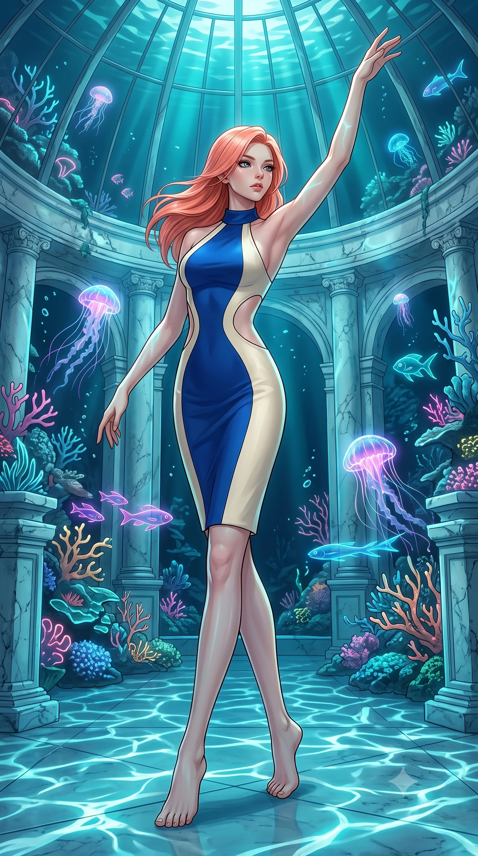score_9, masterpiece, best quality, ultra-detailed, high-budget anime keyframe, editorial fashion photography, tasteful artistic composition, Japanese woman. low angle full-body shot from head to toe showing her feet, filling the entire 9:16 vertical frame with her statuesque presence, stretching her vertical silhouette. dancing with weightless, happy grace through inside a submerged ancient white marble conservatory under a giant underwater glass dome, filled with glowing corals and neon sea creatures. She has a statuesque 8.5-heads proportion, an exceptionally tall, slender and willowy model-like build with impossibly long legs and a highly sculpted ultra-slim waist. sharp v-shaped jawline, high-bridge nose, intricate jewel-like eyes with depth, thick eyelashes, glossy lips with a natural sheen. wearing a structured halter-neck bodycon dress in two-tone cobalt blue and cream, with dramatic curved cutouts at the sides of the torso. aquamarine shafts of light filtering down through the deep water, casting moving caustic patterns across the marble floors. 2k, ultra detail, master piece, 9:16 ratio